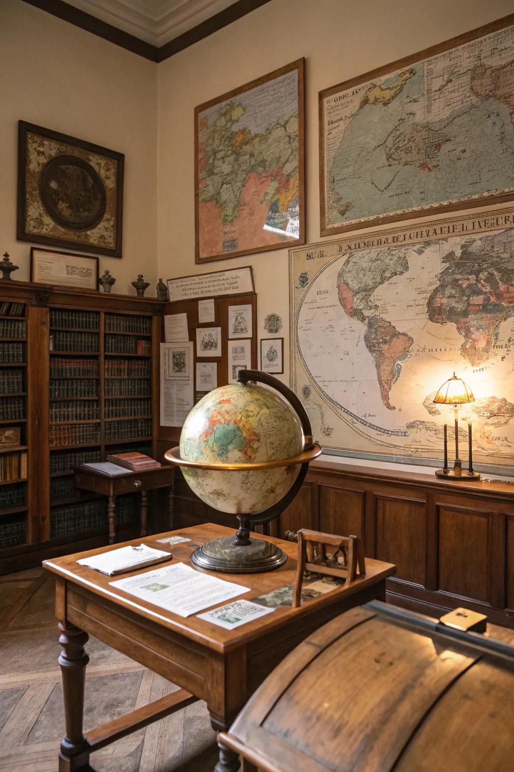 Antique cartographies and terrestrial globes imbue your area with a spirit of exploration.