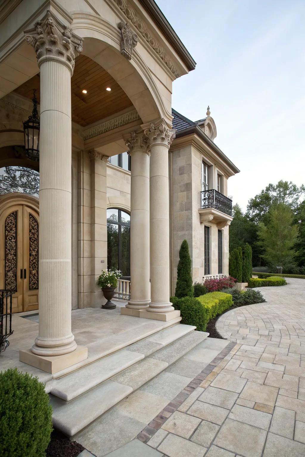 A breathtaking house entrance showcasing grand stone uprights.