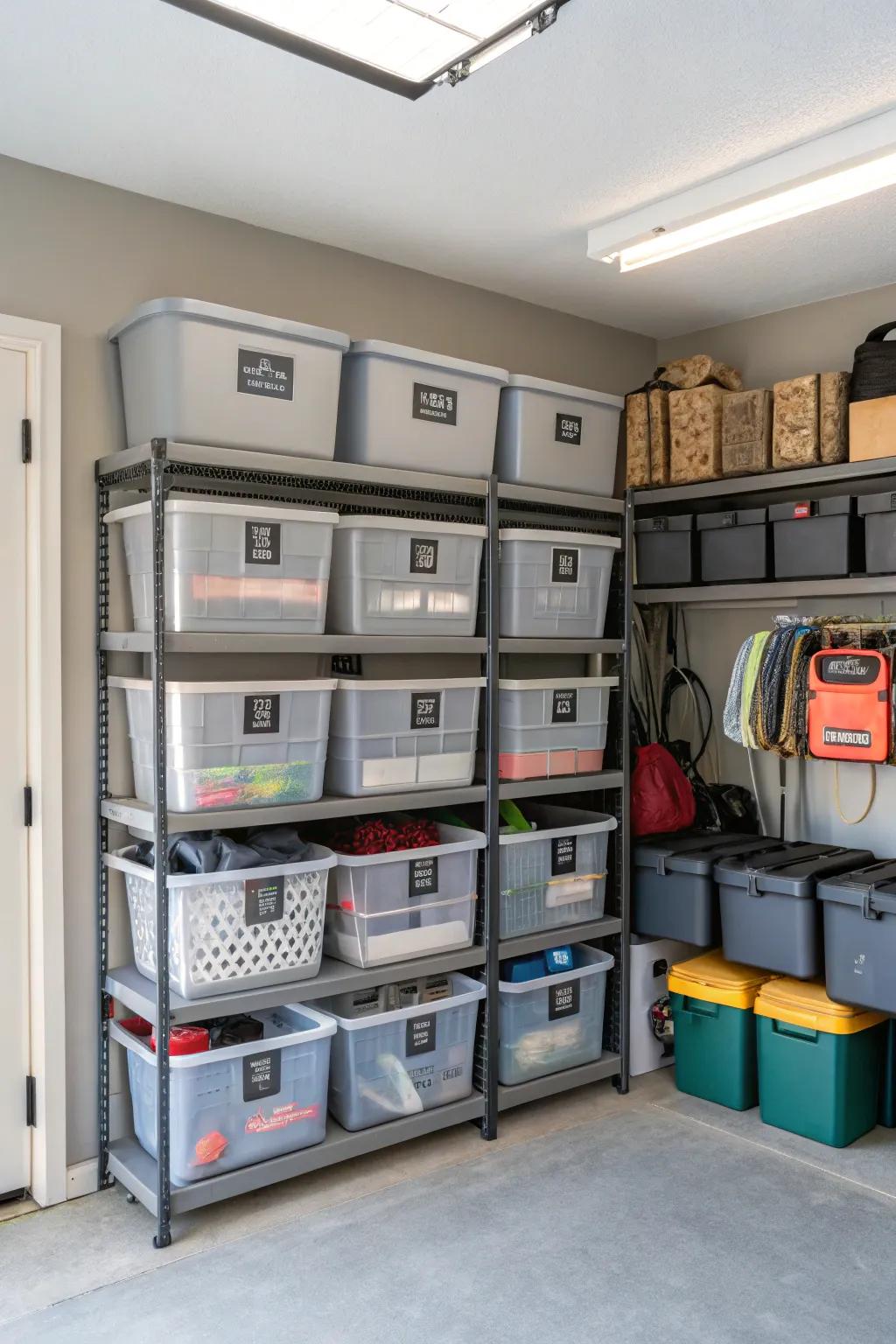 A tidy garage with labeled bins for easy access.