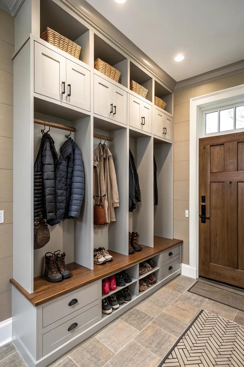 A stylish entryway featuring lockers and hooks, exemplifying impeccable storage solutions.