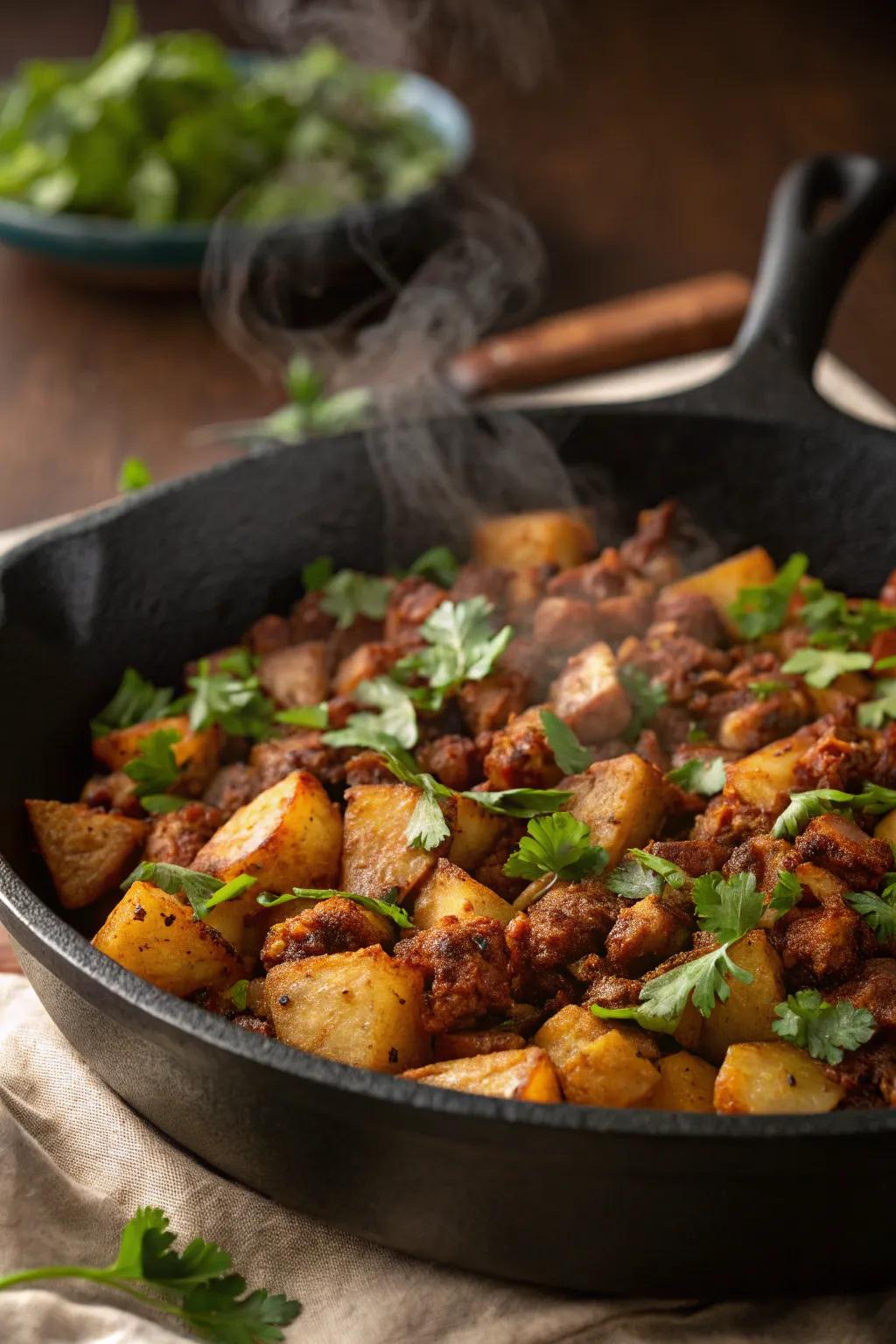 Zesty sausage and root hash, a flavorful delight.