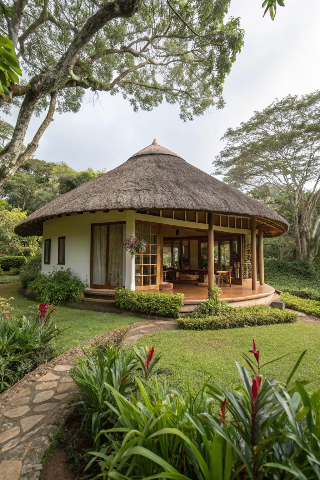 Rounded house blueprint embracing community and nature.