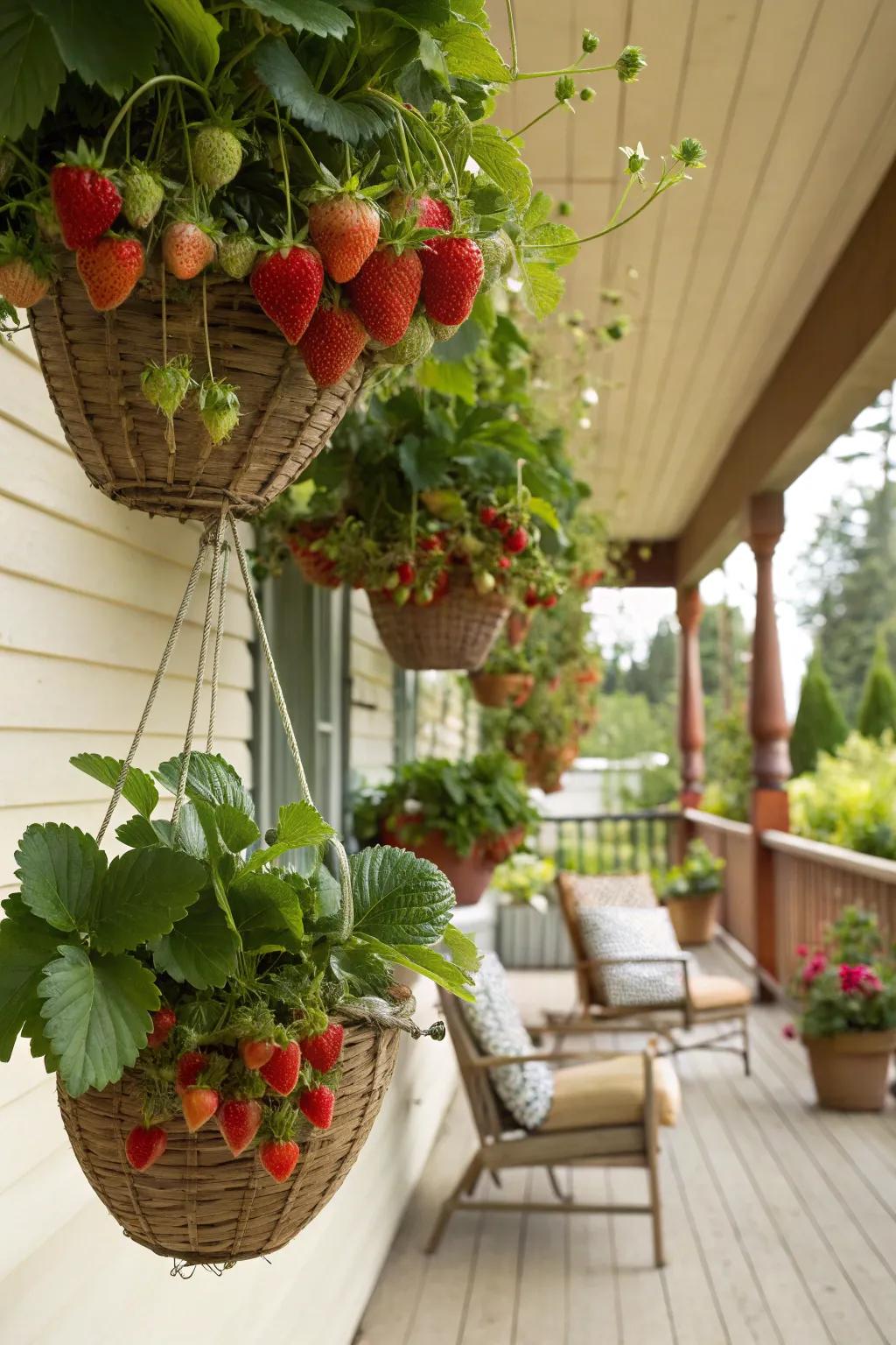 Strawberries thriving in hanging containers on a porch.