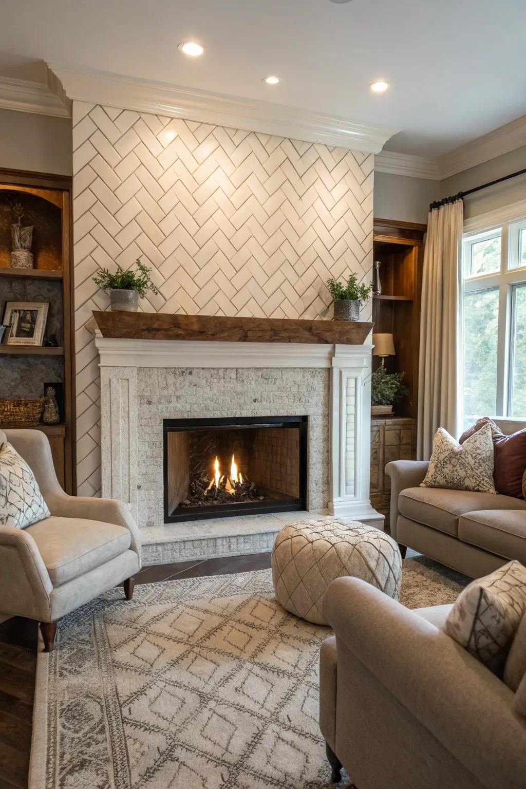 A herringbone pattern adds sophisticated texture to this rectangle tile fireplace.