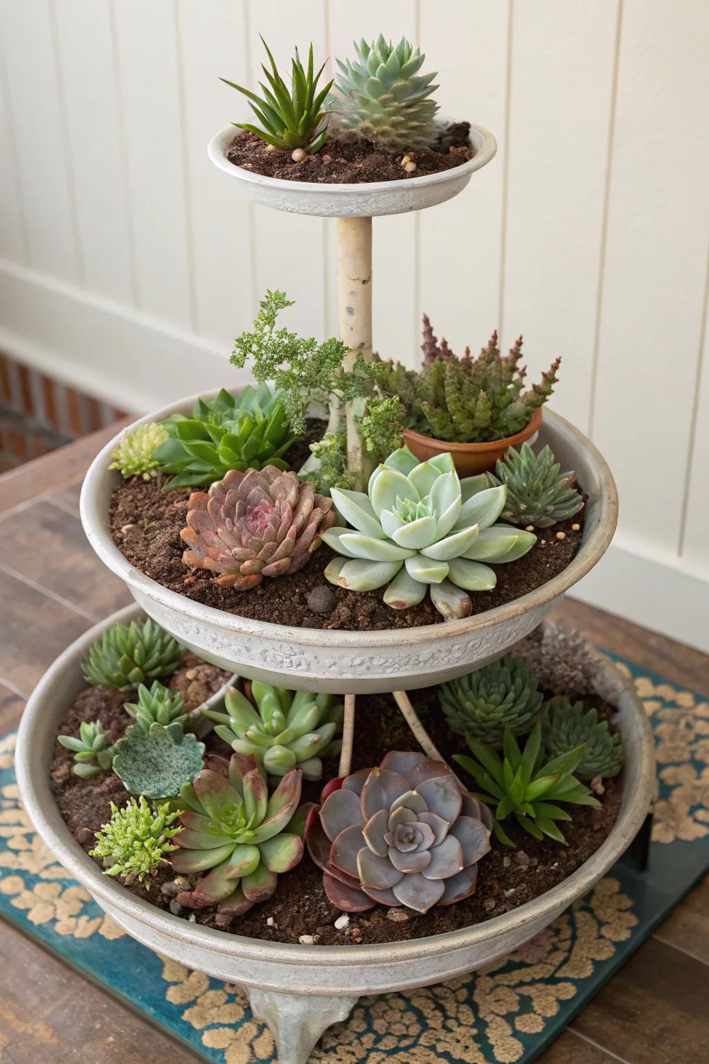 A layered succulent garden showcasing plants of differing heights.
