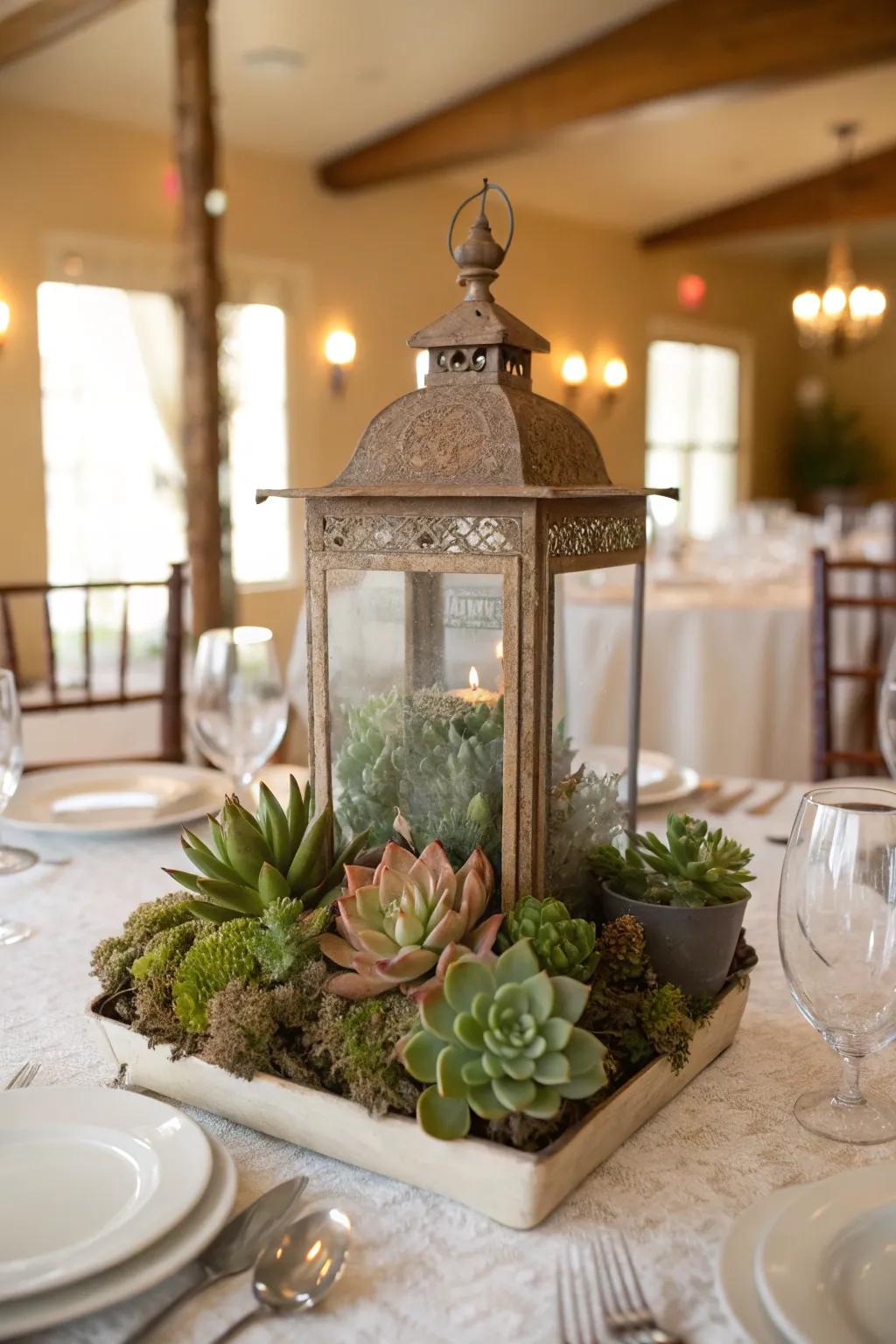 Antique lanterns render captivating succulent showpieces.
