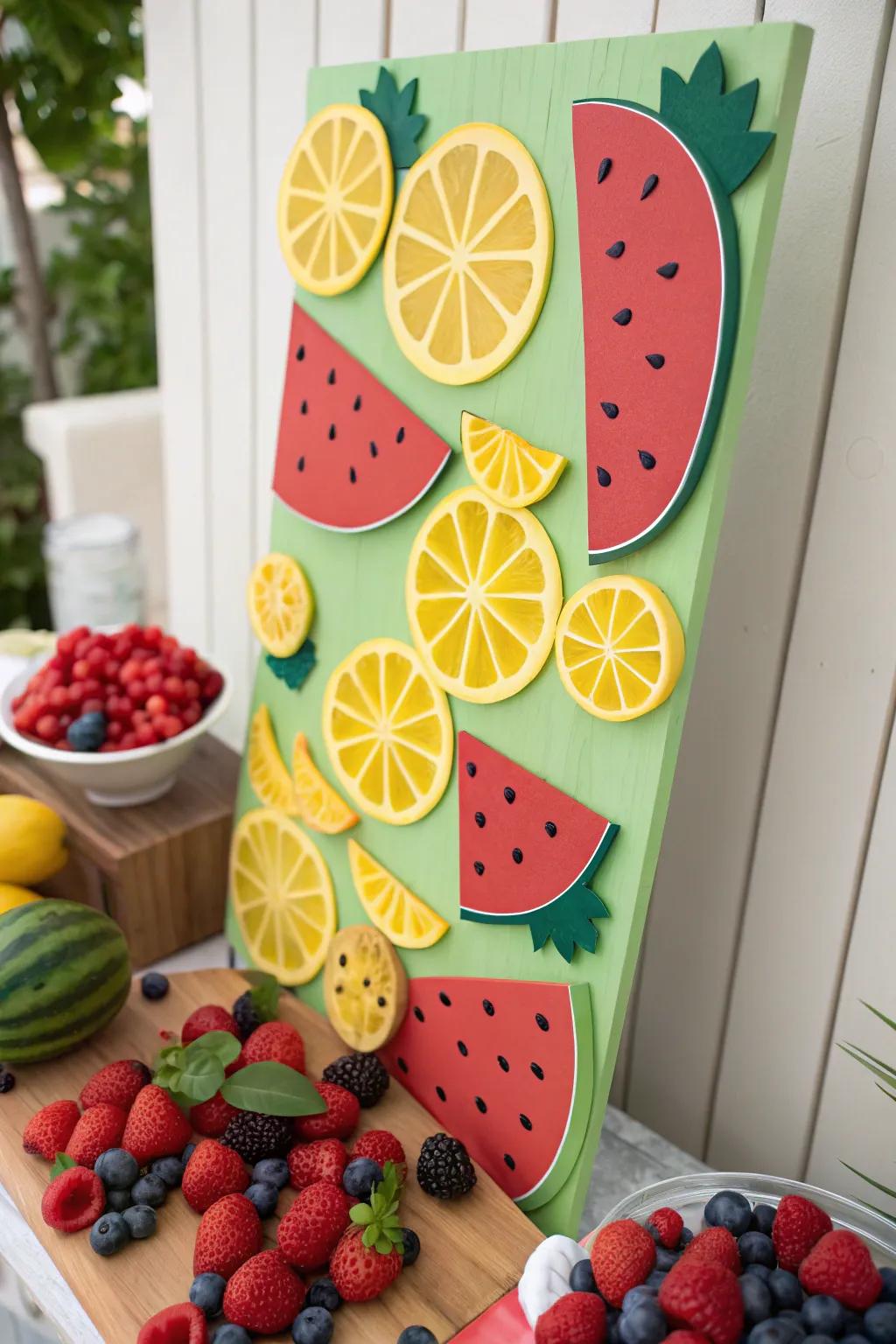 A board overflowing with brilliant fruit figures, including watermelons and citrus.