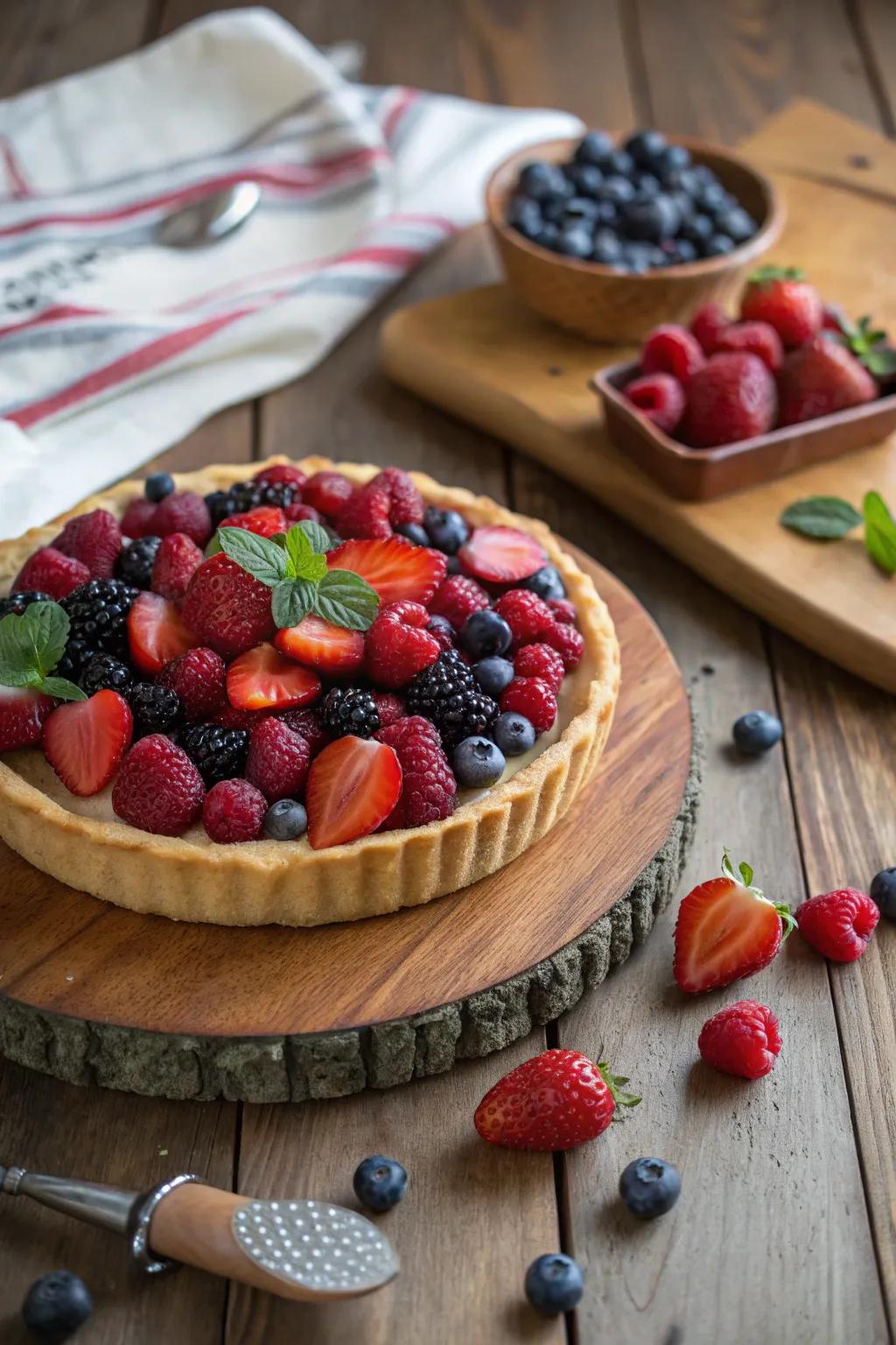 A fresh fruit tart embellished with an assortment of summer berries.