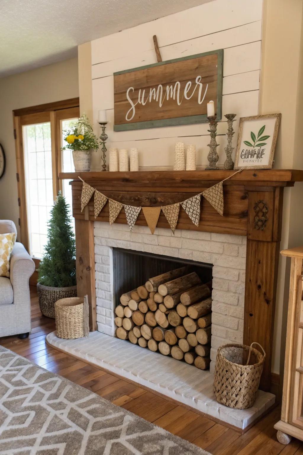 The incorporation of organic wooden components imparts an intimate nuance to your summer mantel arrangement.