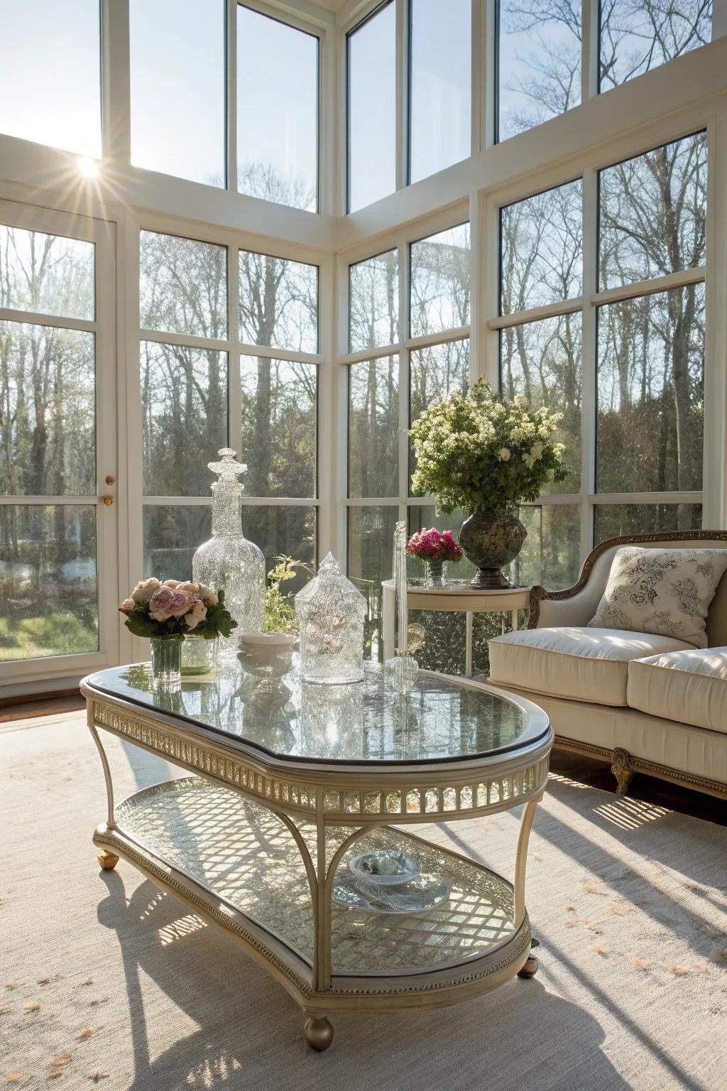 Clear elements add elegance and lightness to the sunroom.