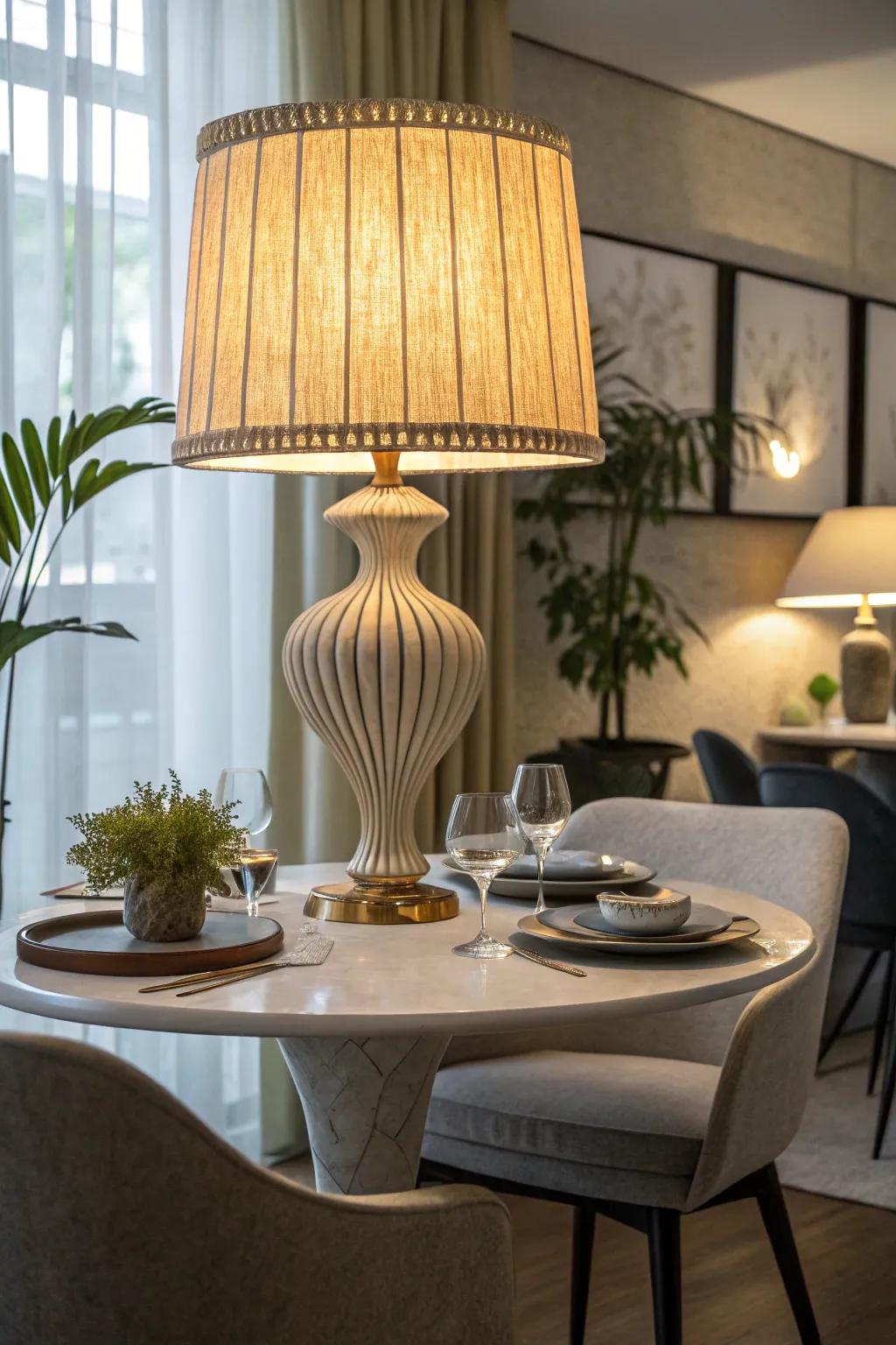 A contemporary chic table lamp enhances a modern dining space with elegance.