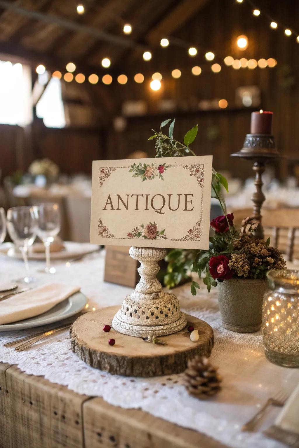 Vintage-inspired table titles introduce a timeless elegance to your occasion.