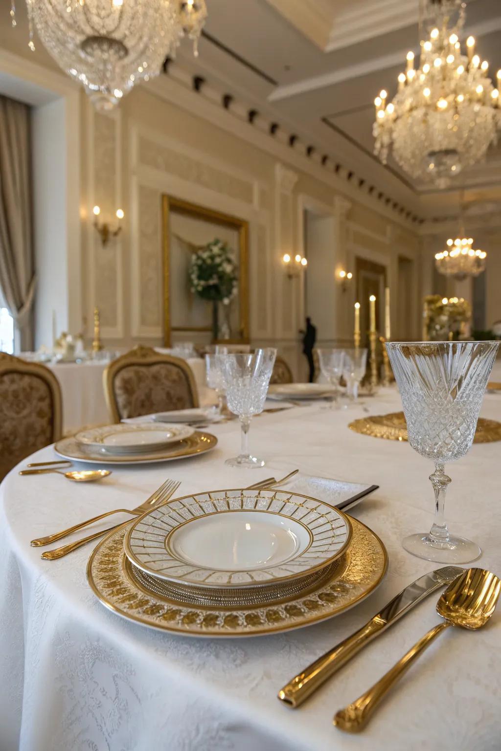 An elegant table arrangement featuring gilded accents and crystal stemware.