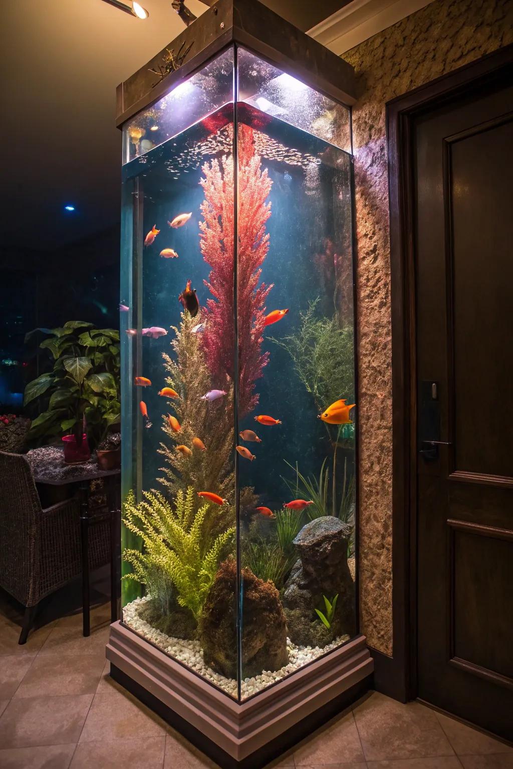 A brilliantly lit tall fish tank exhibiting dynamic aquatic life.