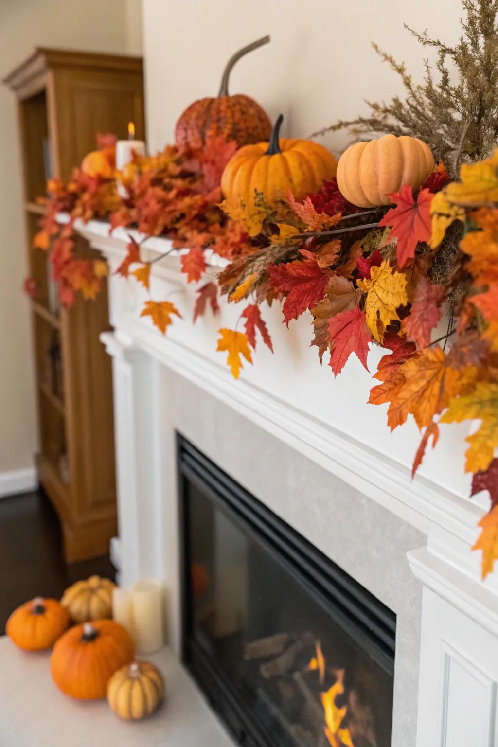 An elevated mantel adorned with seasonal emblems, such as autumnal foliage and gourds.