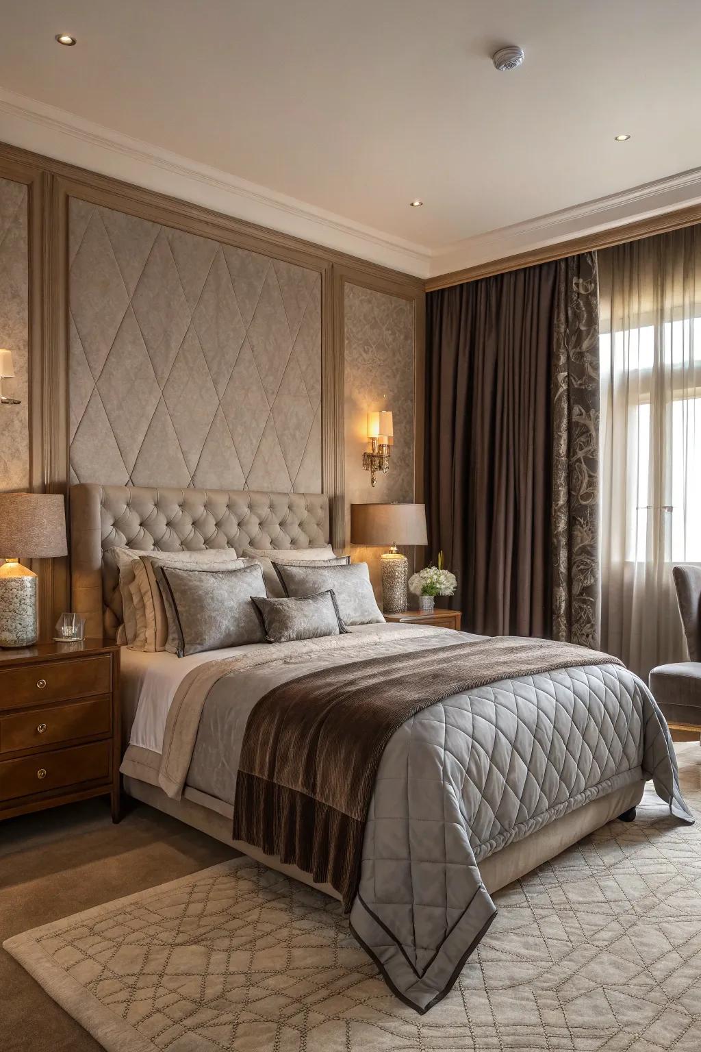 A bedroom highlighting blended textures in greige and grey.