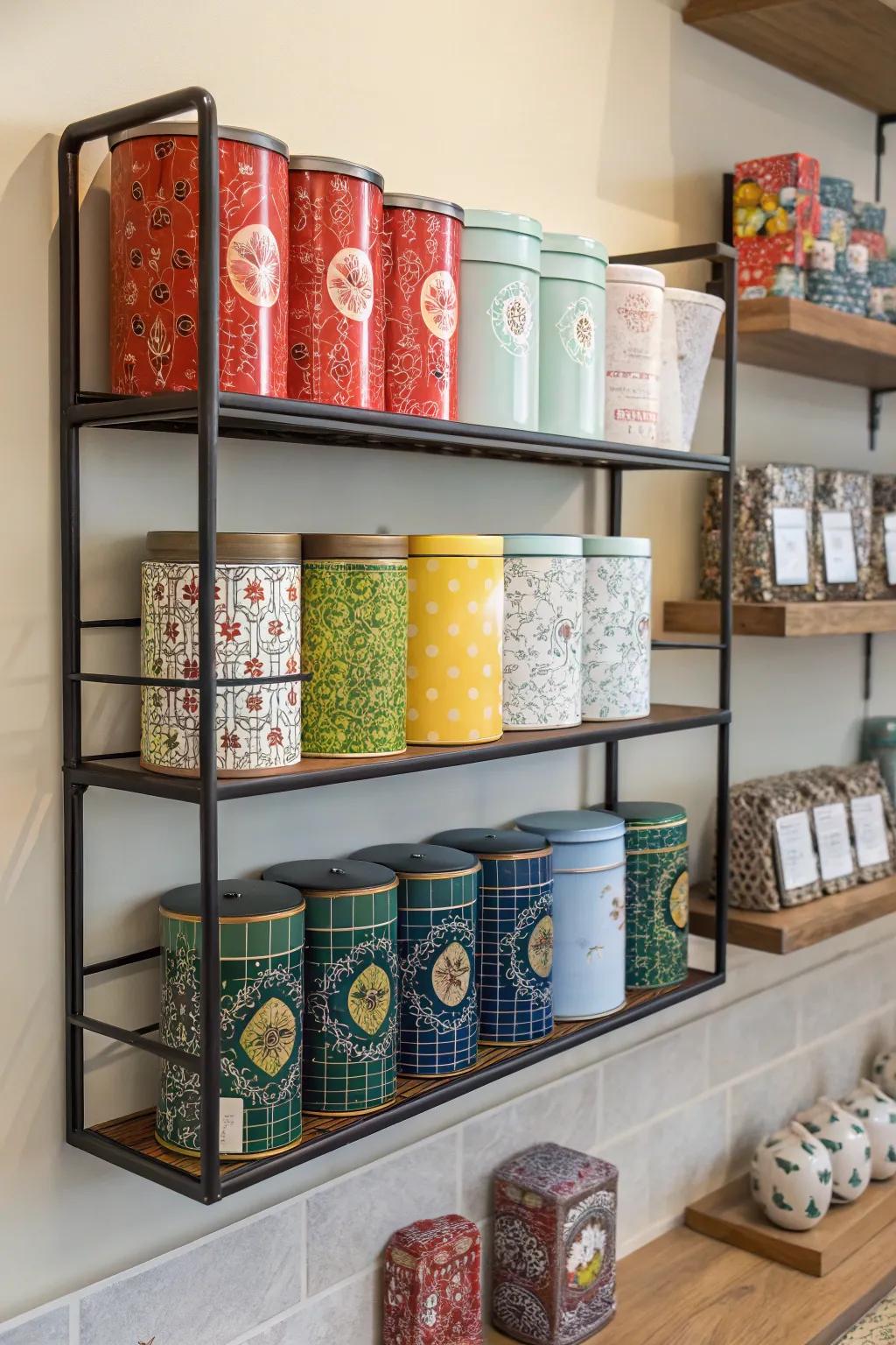 A wall-mounted tea fixture for space-efficient storage.