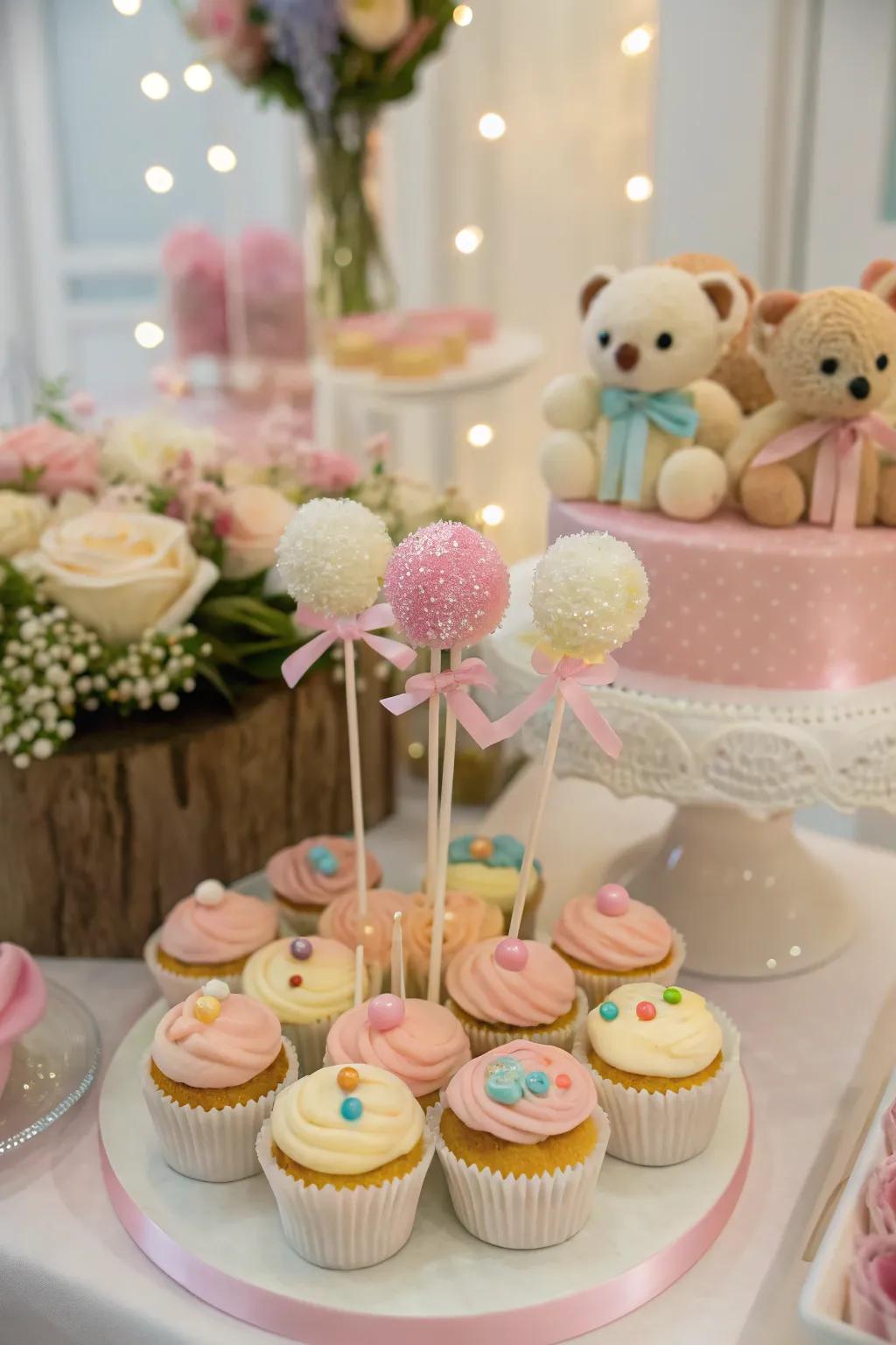 Appealing pastries featuring a bear motif are the dessert display's spotlight.