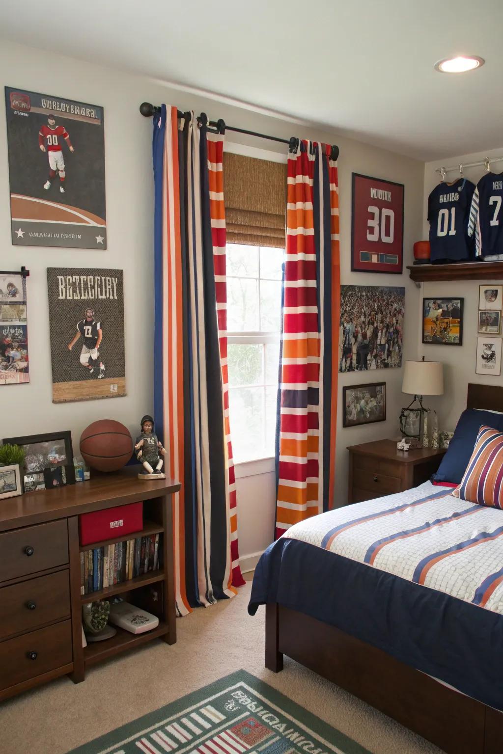 Banded curtains introduce a sporty atmosphere to the space.
