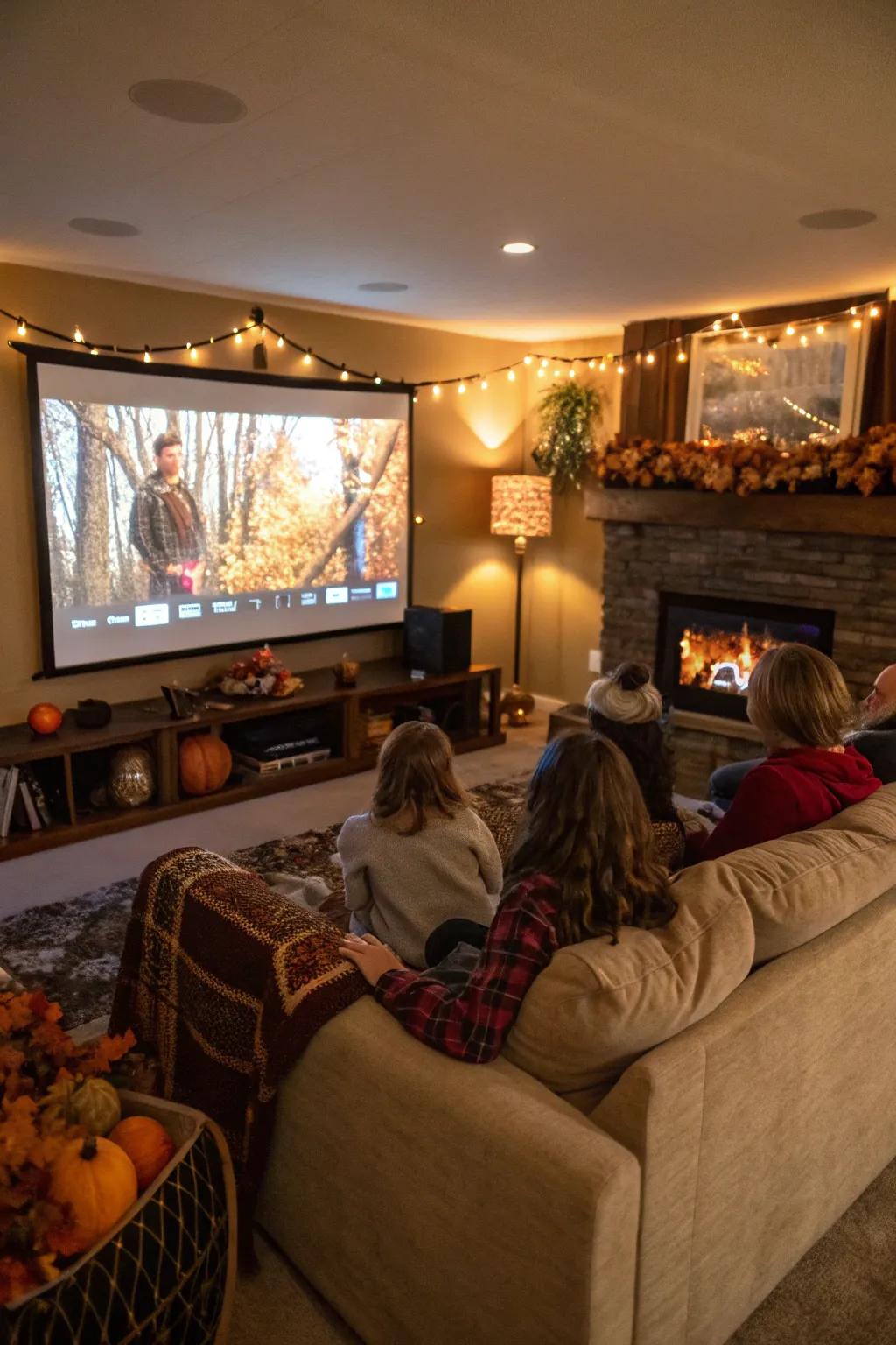 A family relishing a Thanksgiving film collection in a comfortable family room.