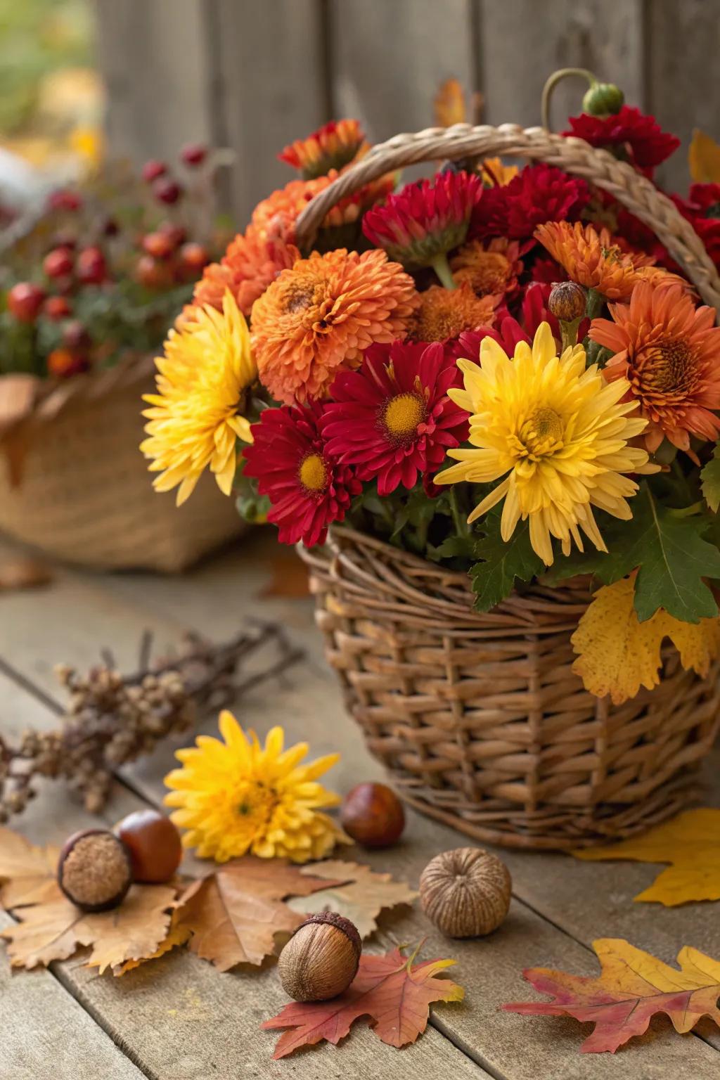 Autumnal blossoms such as chrysanthemums offer a surge of pigment.