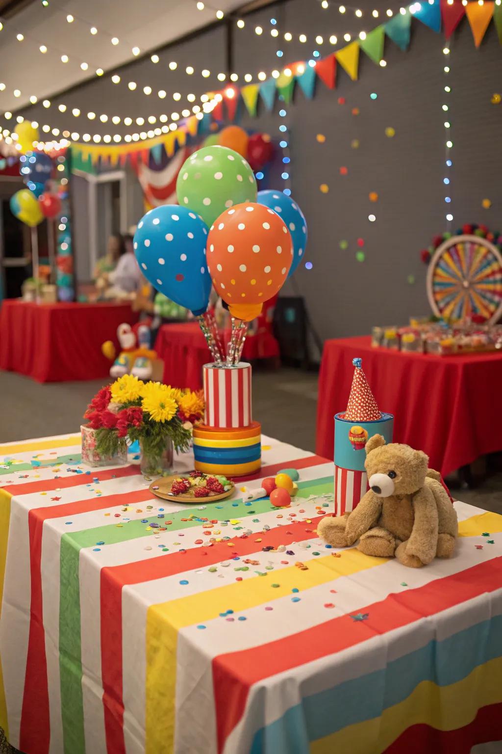 Themed tables amplify the carnival atmosphere.