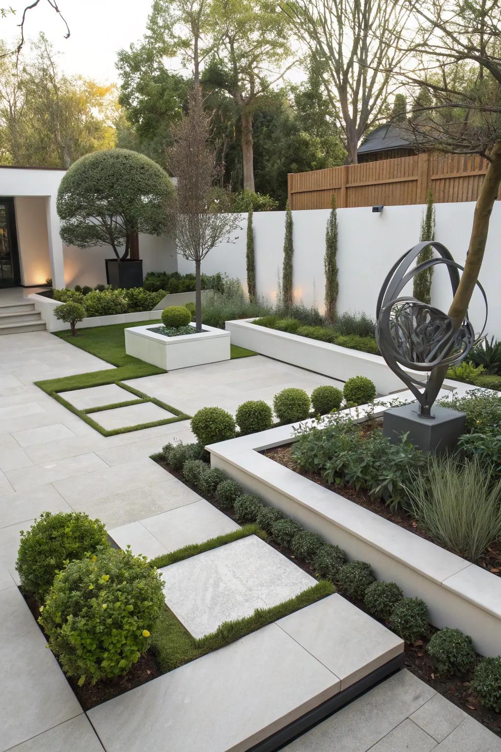 A chic contemporary garden highlighting modern design components.
