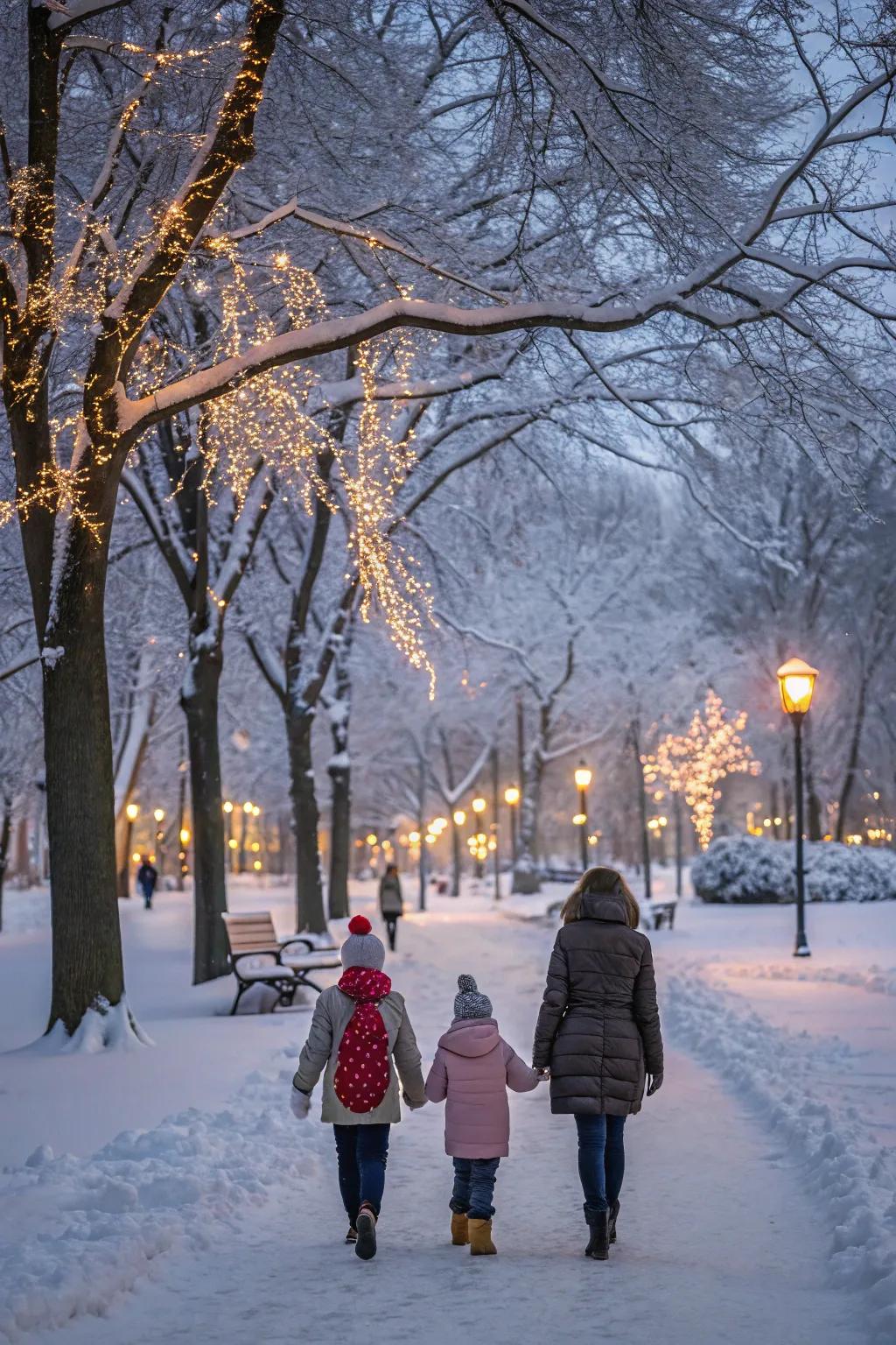 A serene walk through a snowy winter wonderland.