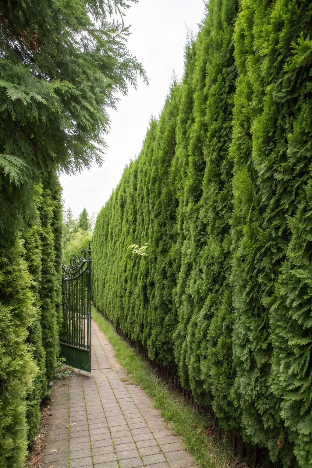 A flourishing barrier of Emerald Arborvitae provides both beauty and privacy.