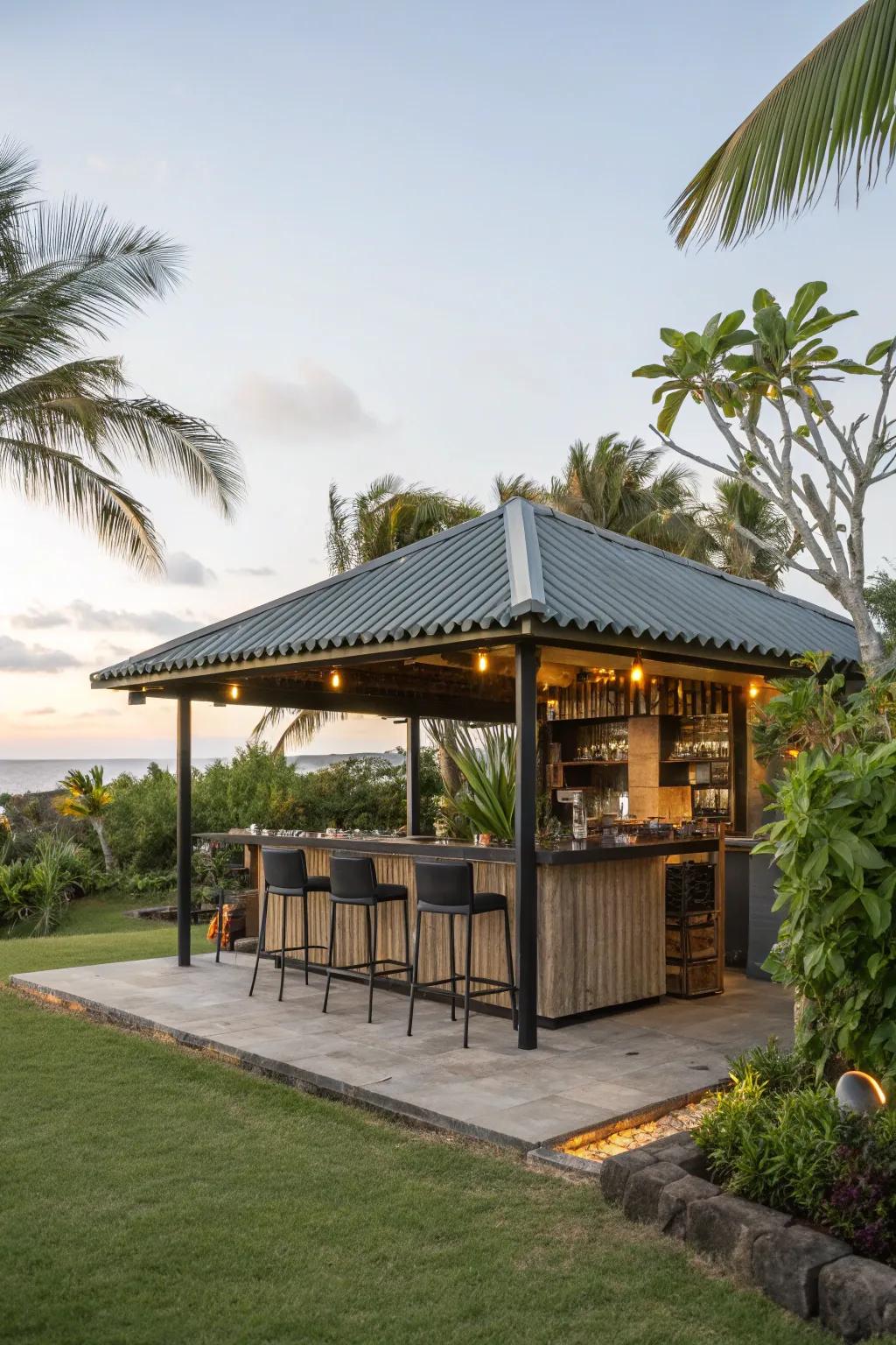 Wavy metal introduces a contemporary advantage to your tiki bar.