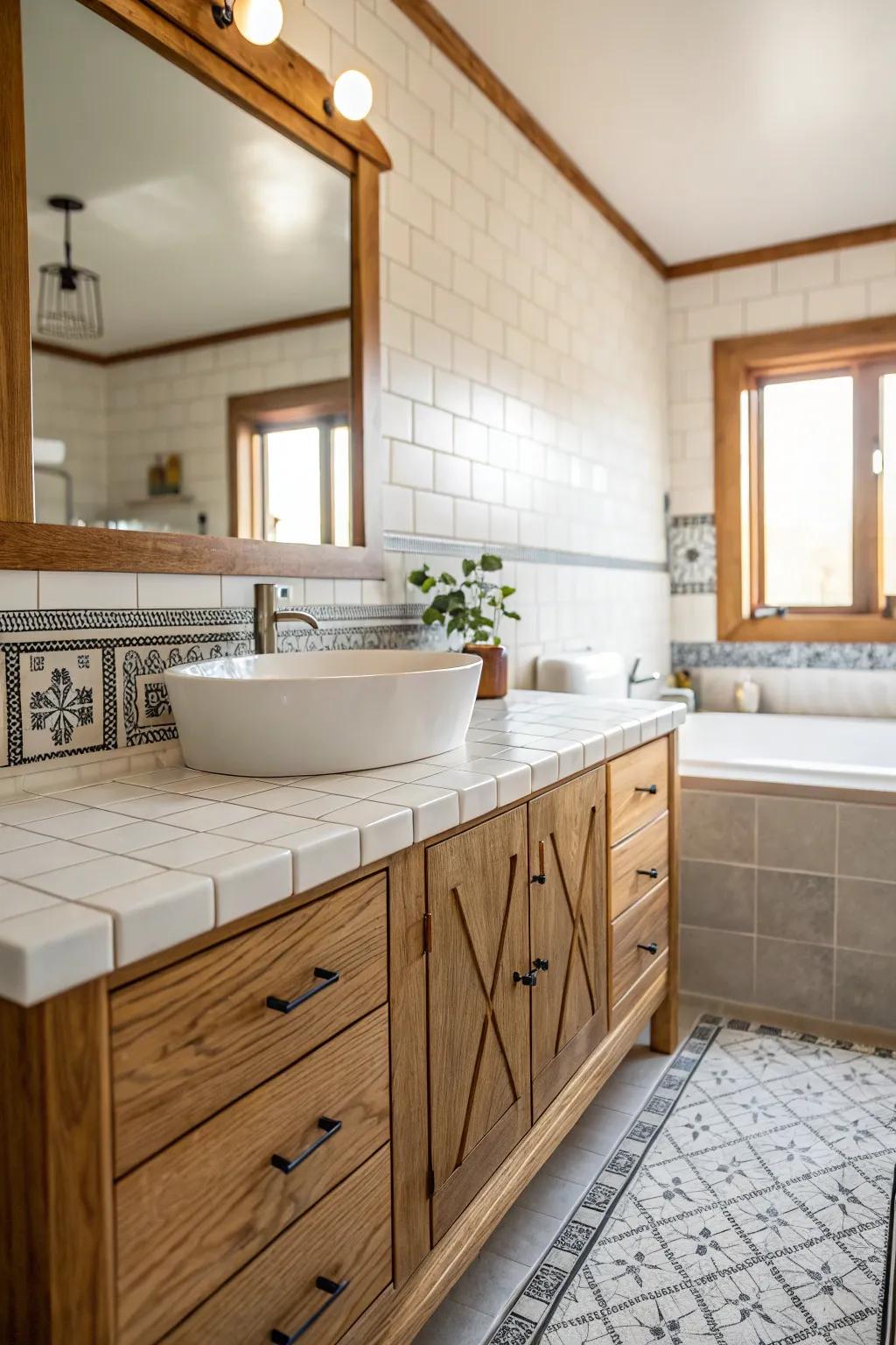 Wooden highlights impart warmth to tiled surfaces.