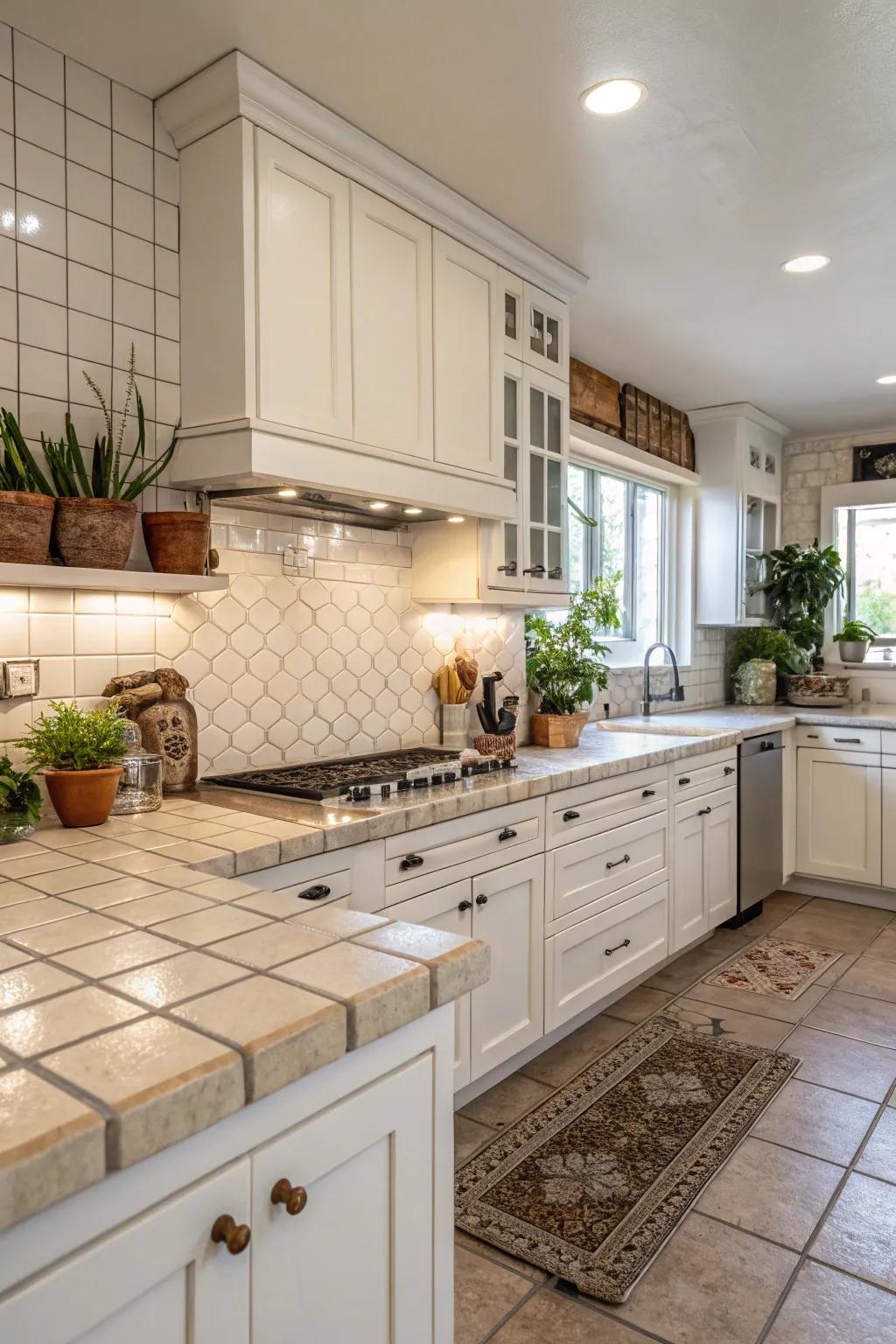 Matched tiles enhance the balance of this cooking space.