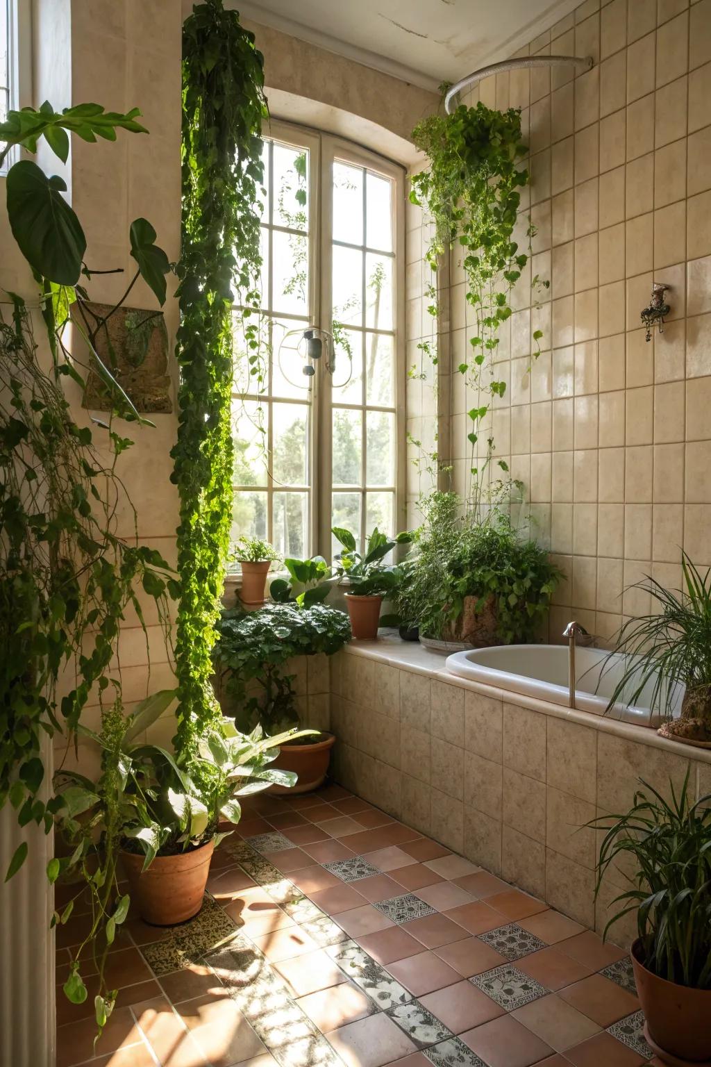 Craft a serene space by merging tiles with natural elements.