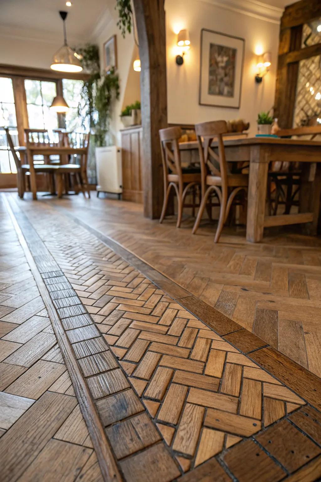 Woven pattern tiles form a textured transition into a timber surface.