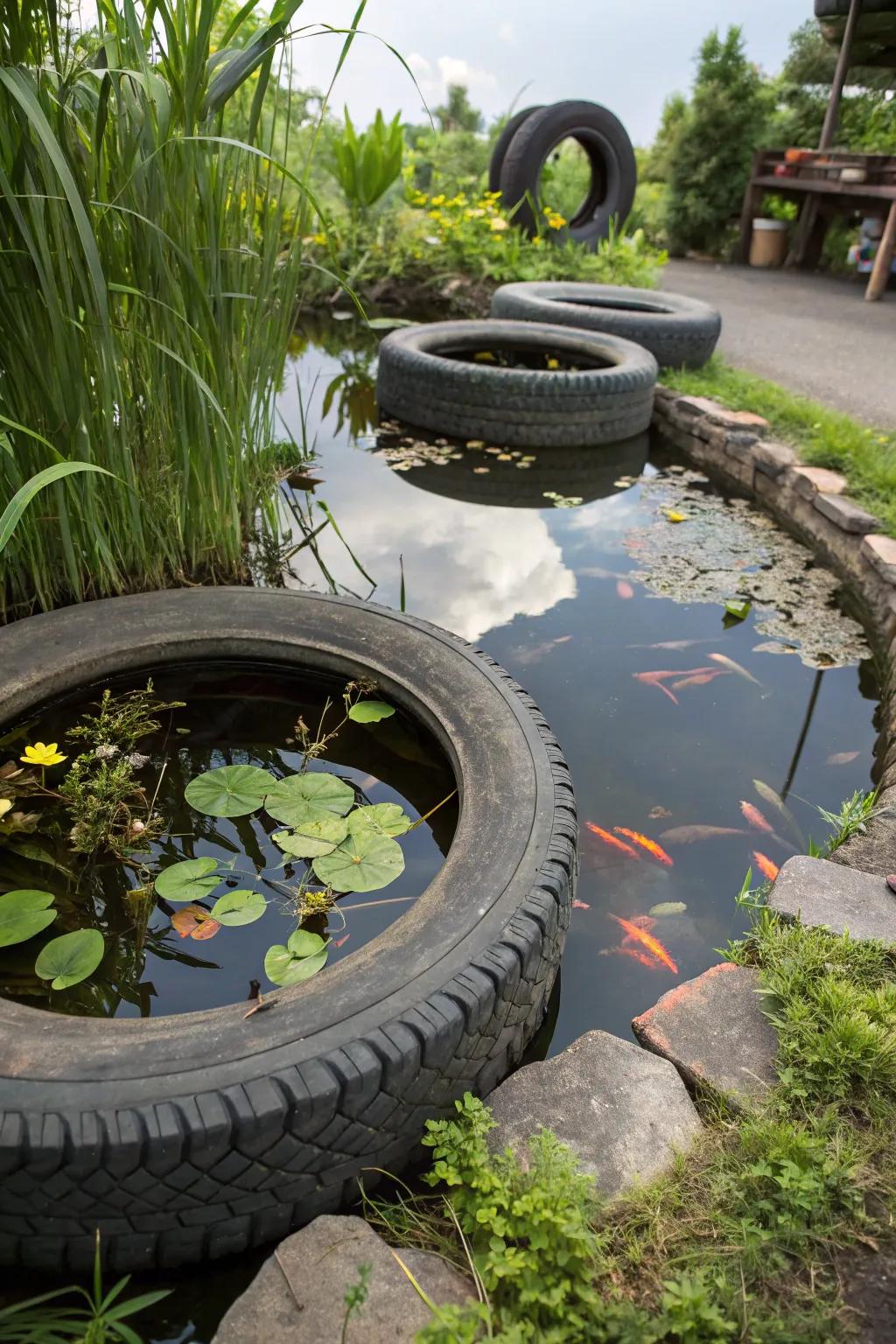 A tire water feature reimagined as a spirited miniature aquatic garden.