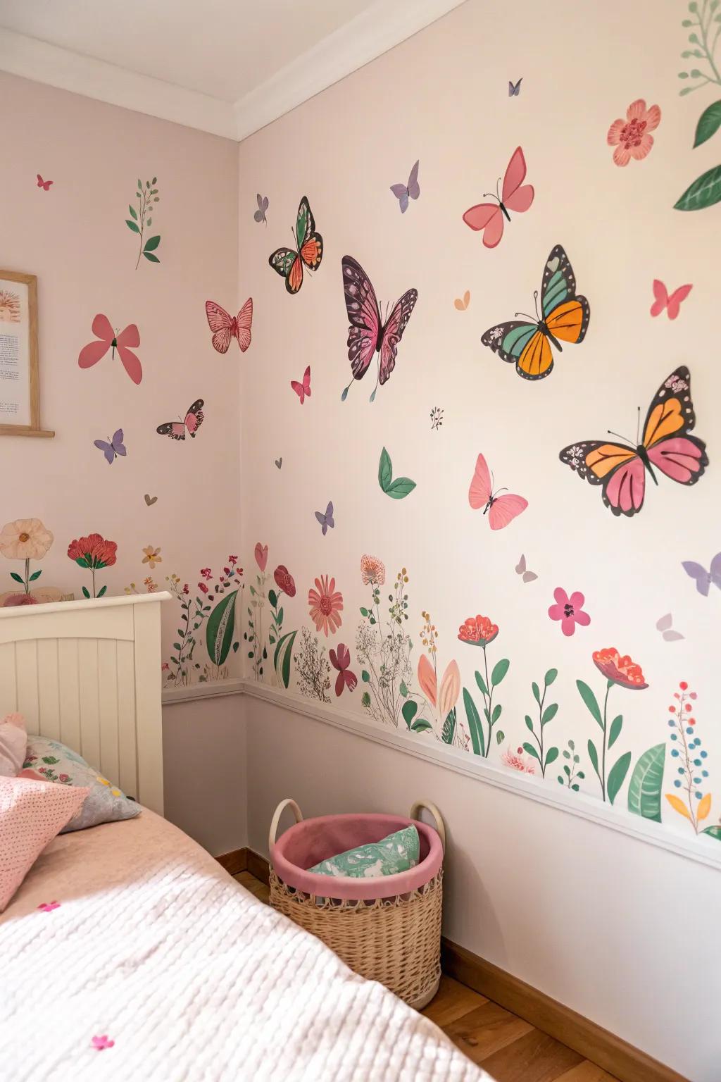 Outdoor theme art adds a whimsical touch to a child's room.