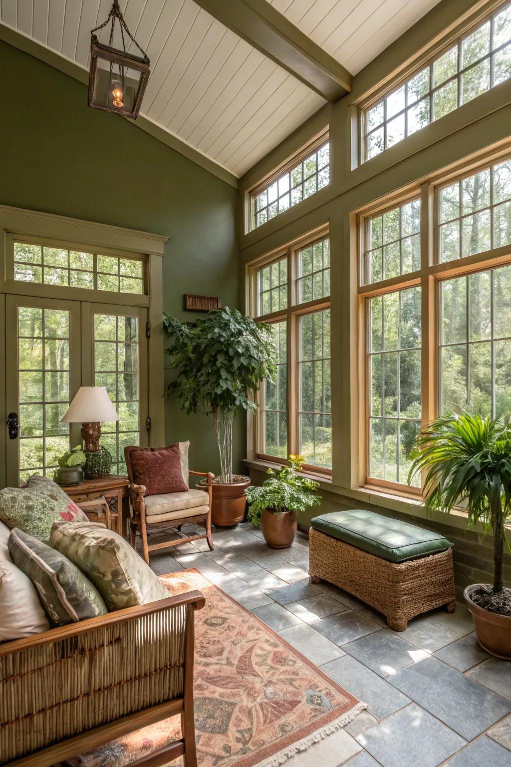 Olive green walls in a sunroom seamlessly integrating with the surrounding nature.