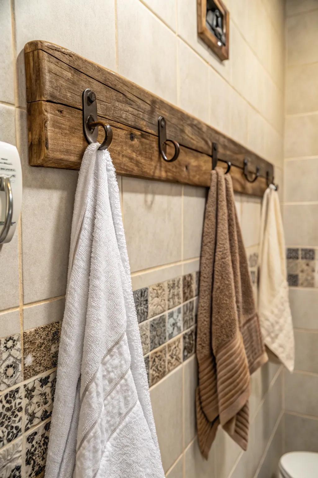 Add warmth with rustic wooden hooks that blend functionality with farmhouse charm.