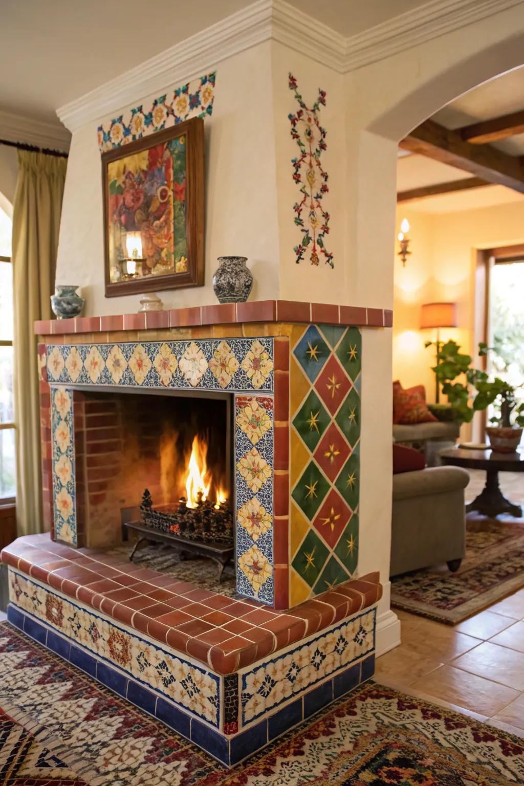 An energetic tiled hearth infuses color into the fireplace.