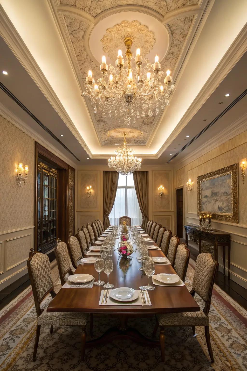 An opulent dining room showcases a tray ceiling adorned with a magnificent chandelier.