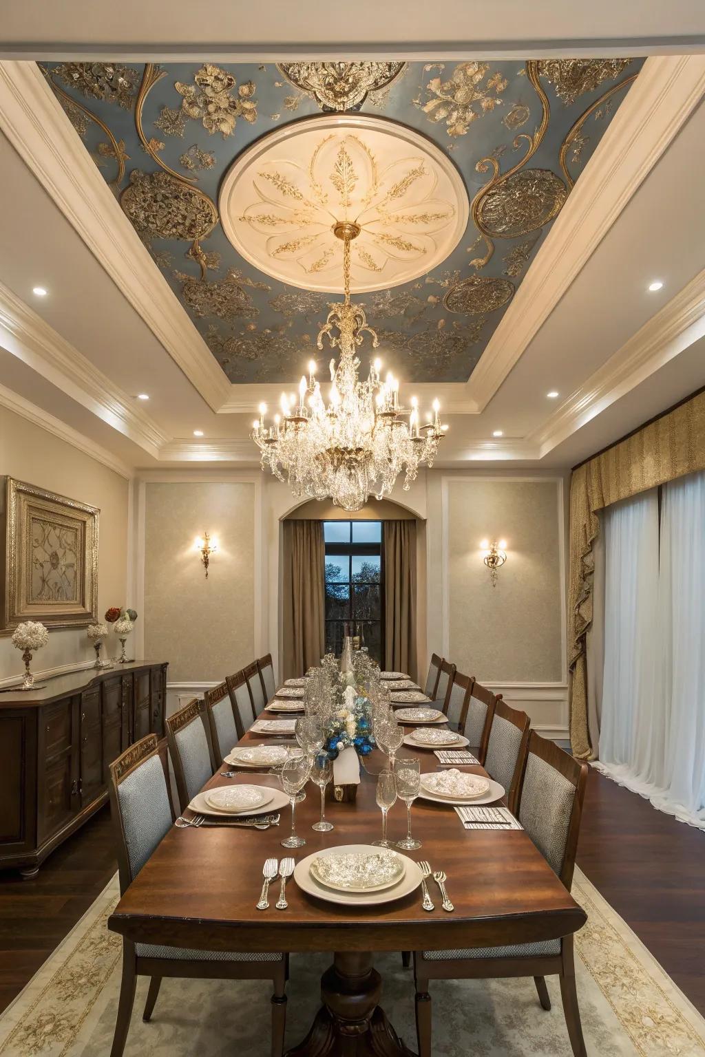 A formal dining area shows off a tray ceiling painted in a contrasting color.