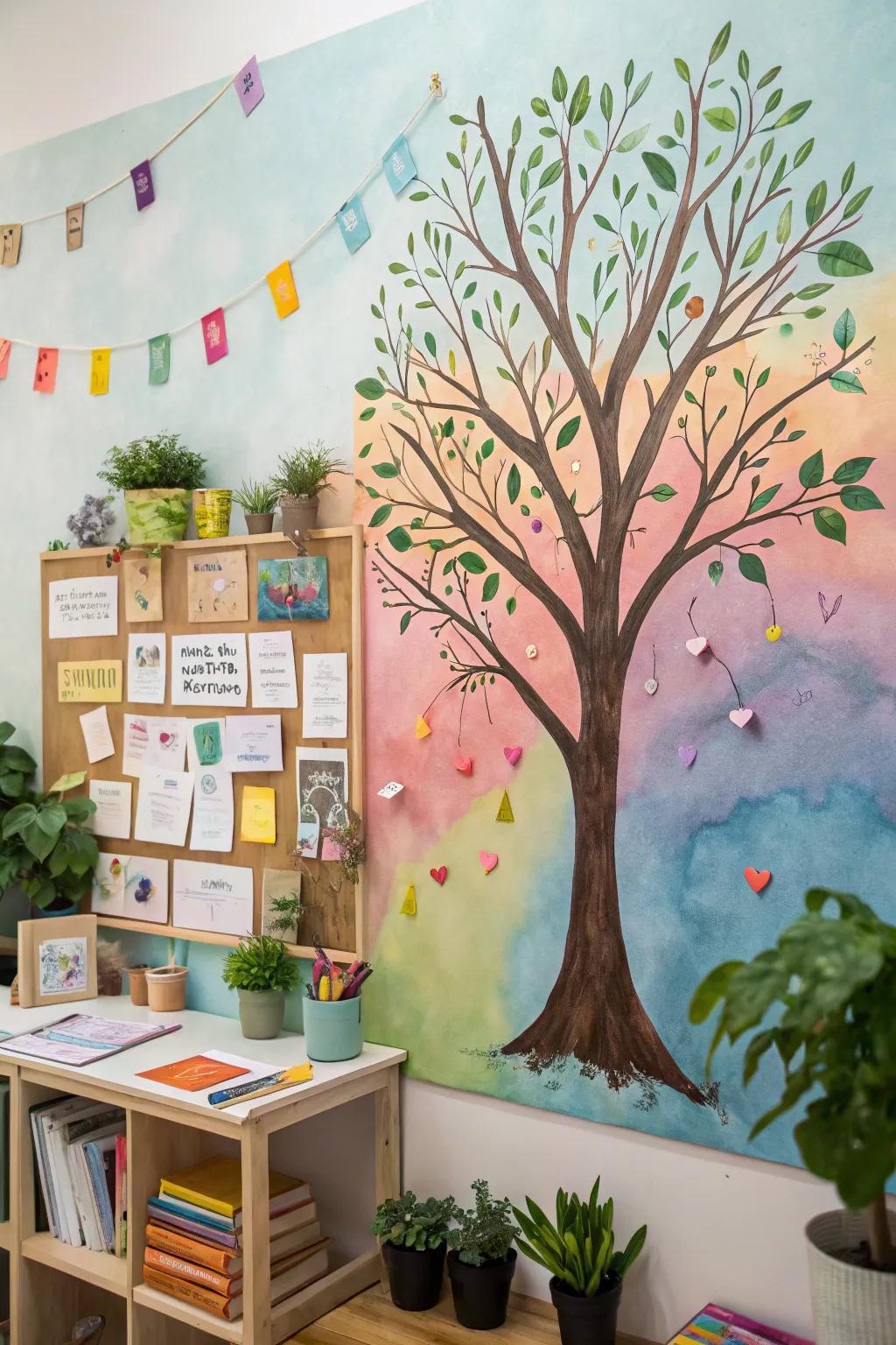 An artistic tree bulletin board with a colorful watercolor background.