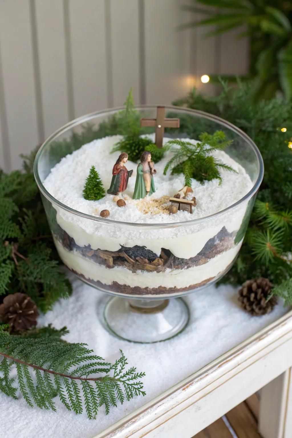 A trifle bowl transformed into a joyous holiday scene.