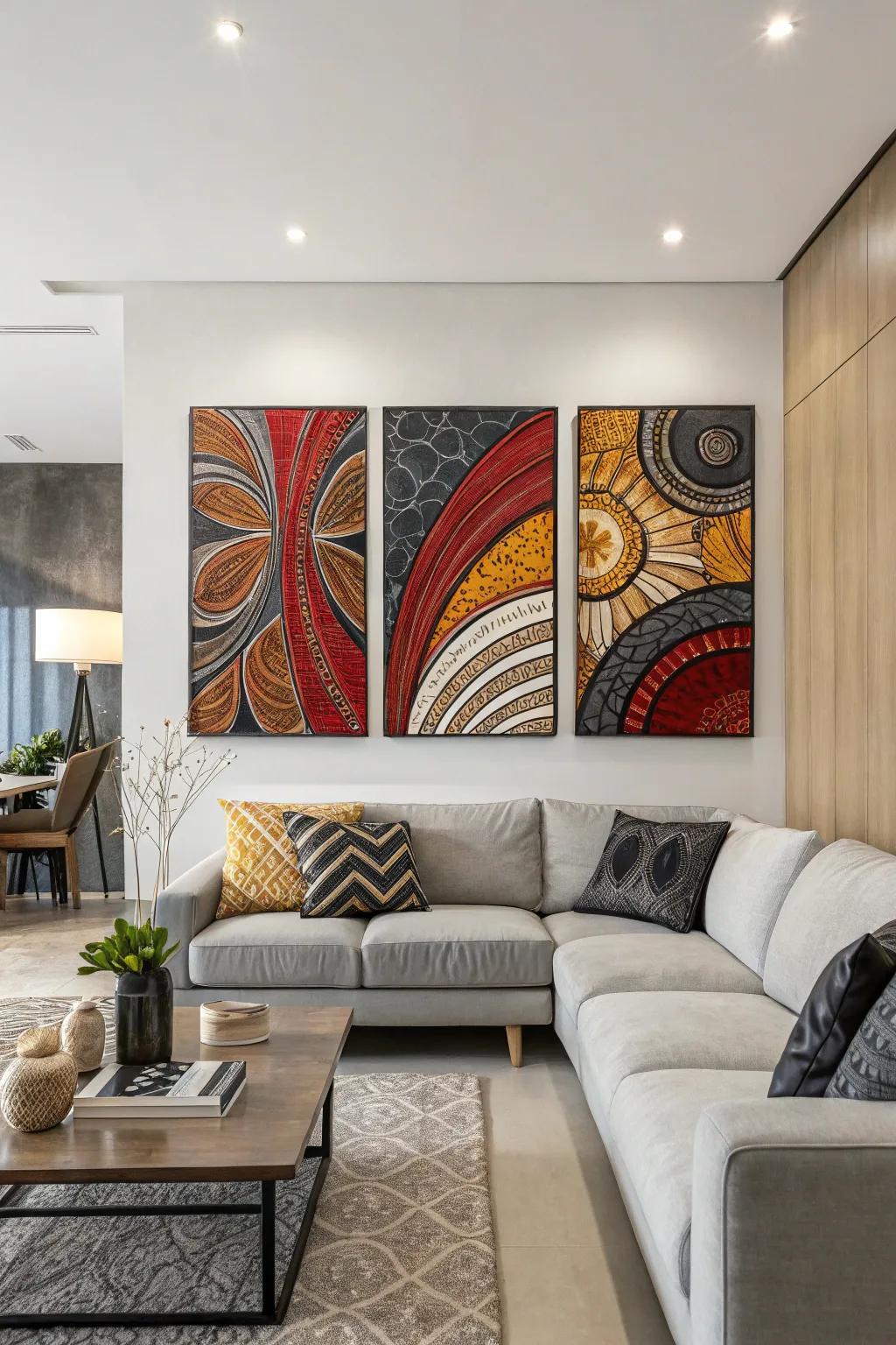 Textured triptych art adds dimension to a modern space.