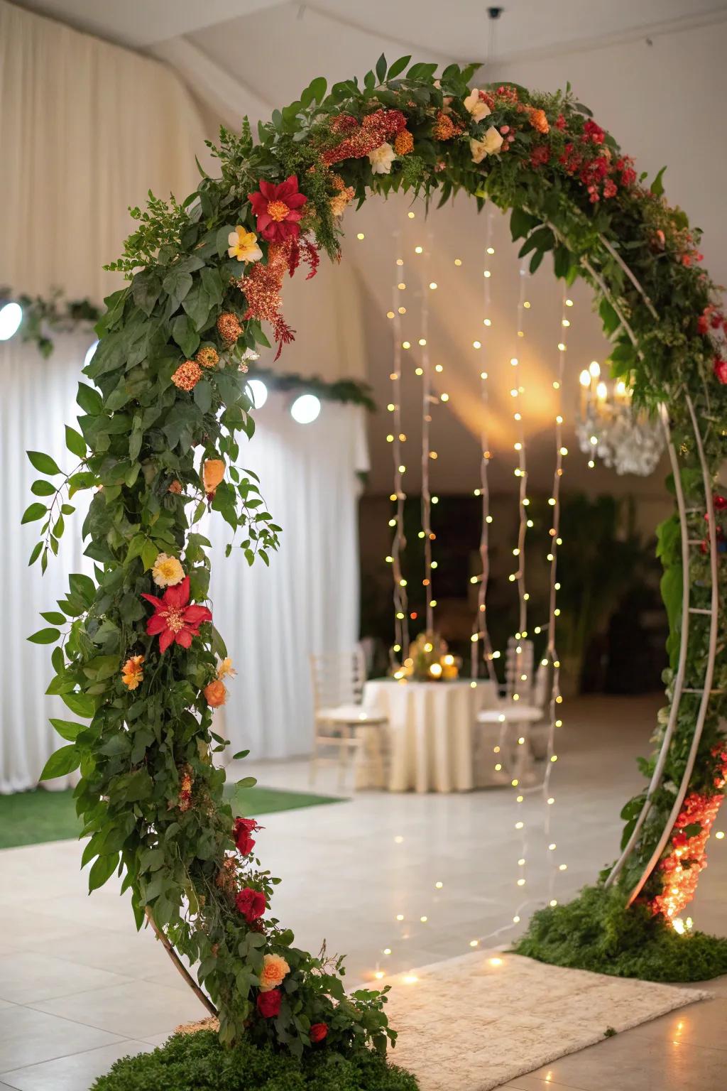 An orbicular arch adorned with floral accents and lights, epitomizing eternal affection.