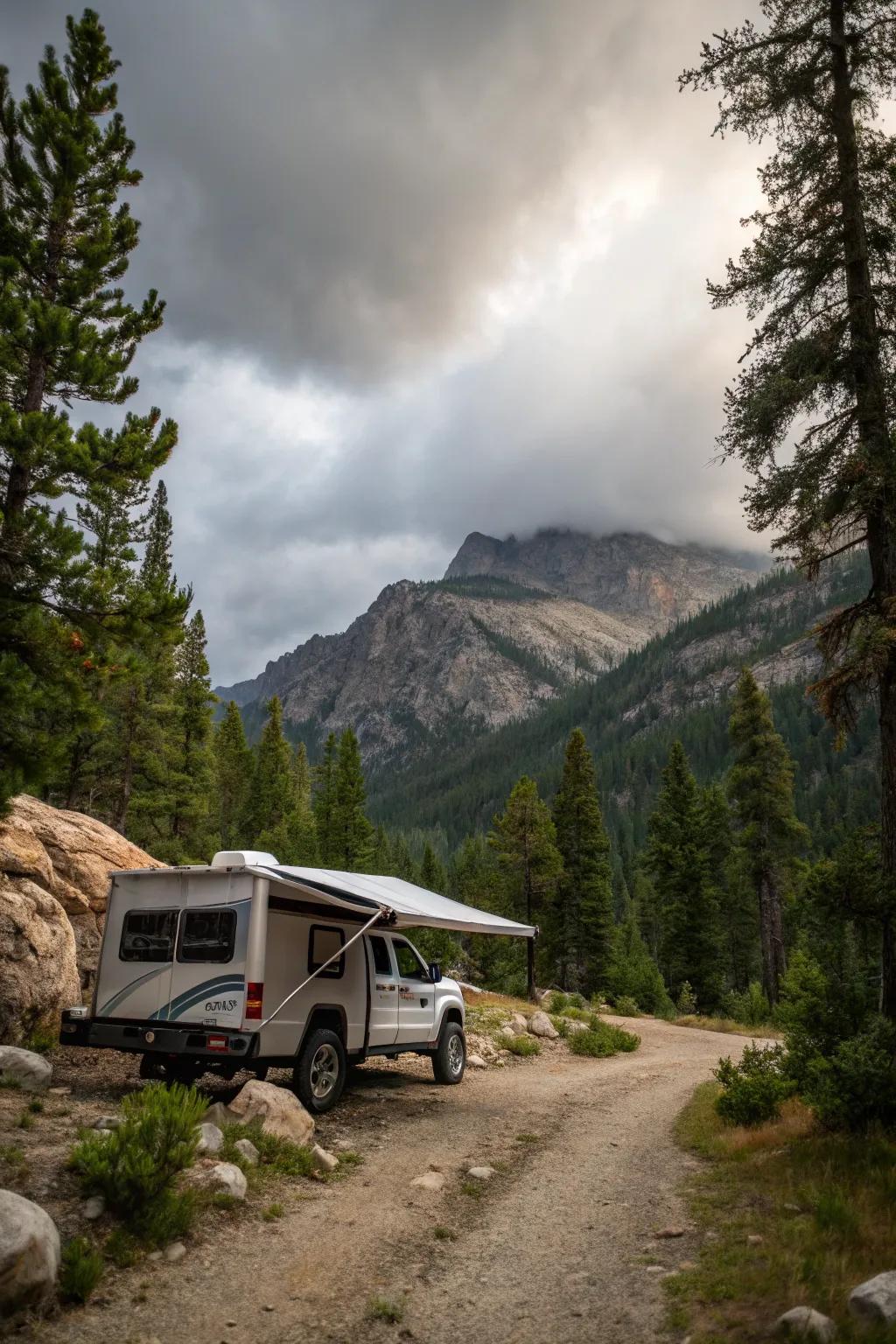 An adventurous setup featuring an awning in an off-road environment.