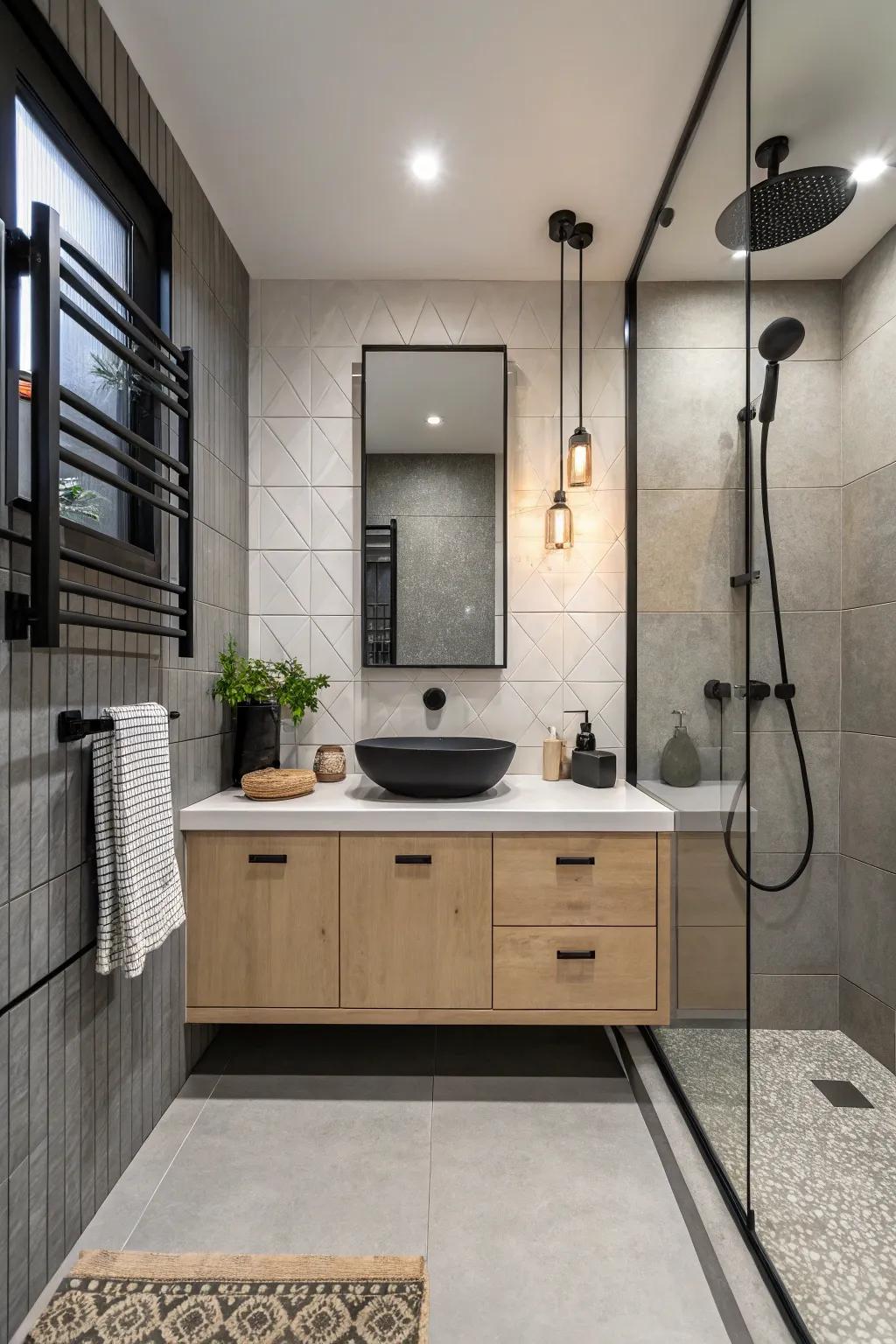 Refined decor featured in dark matte adds refinement to a streamlined bathroom layout.