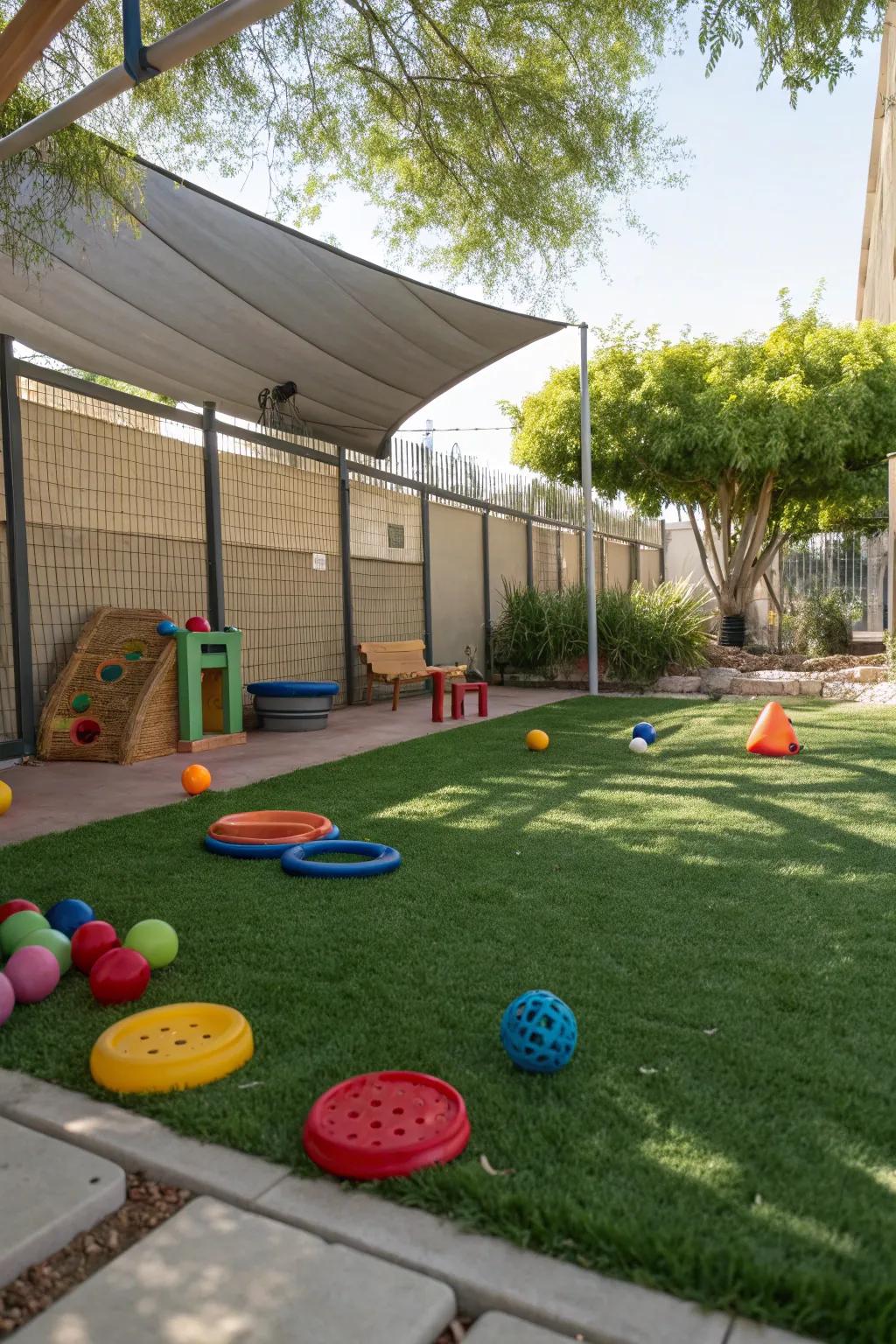 A pet-optimized synthetic lawn zone, flawless for recreational activities.
