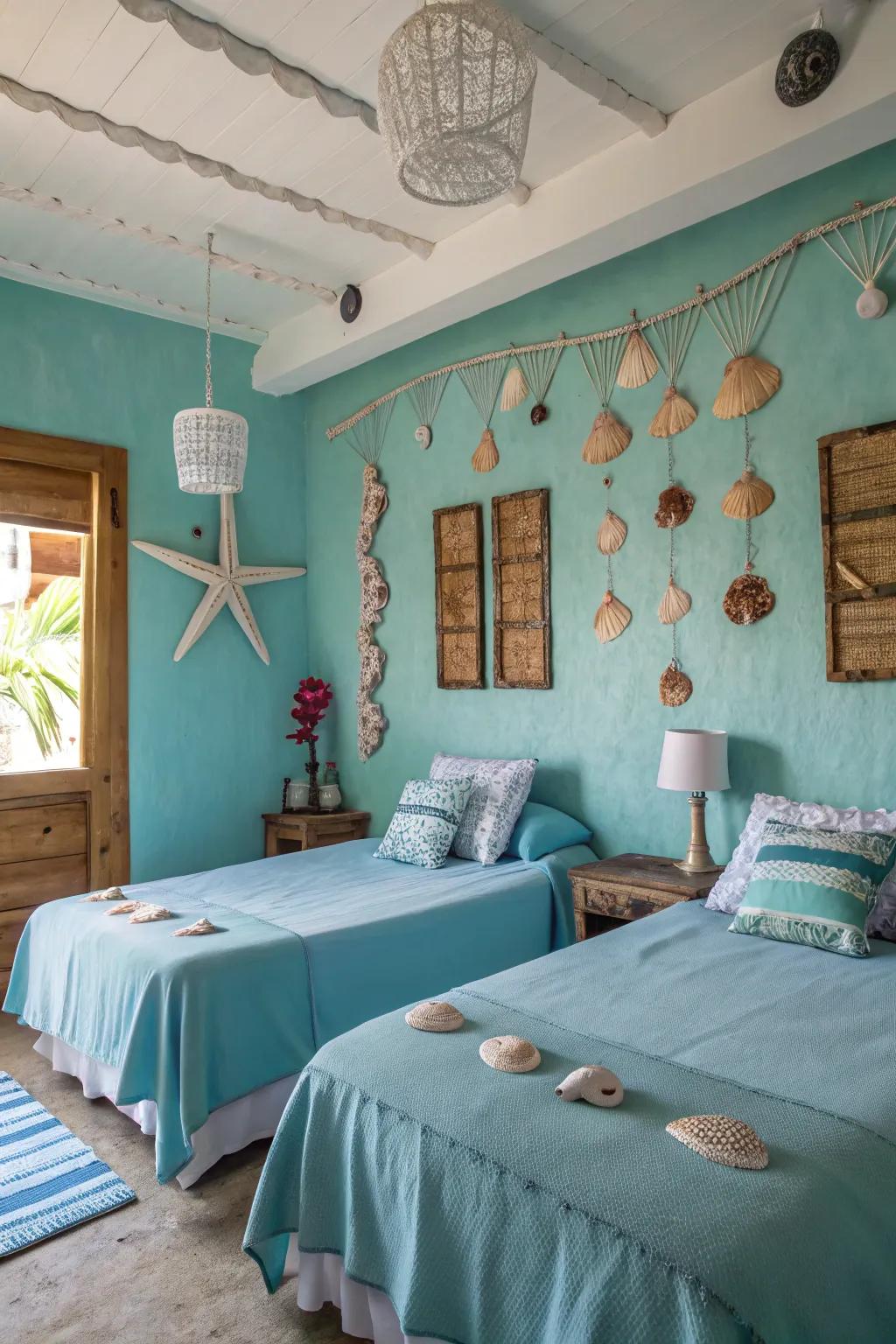 Ocean-inspired ornamentation transfigures this bedroom into a coastal sanctuary.