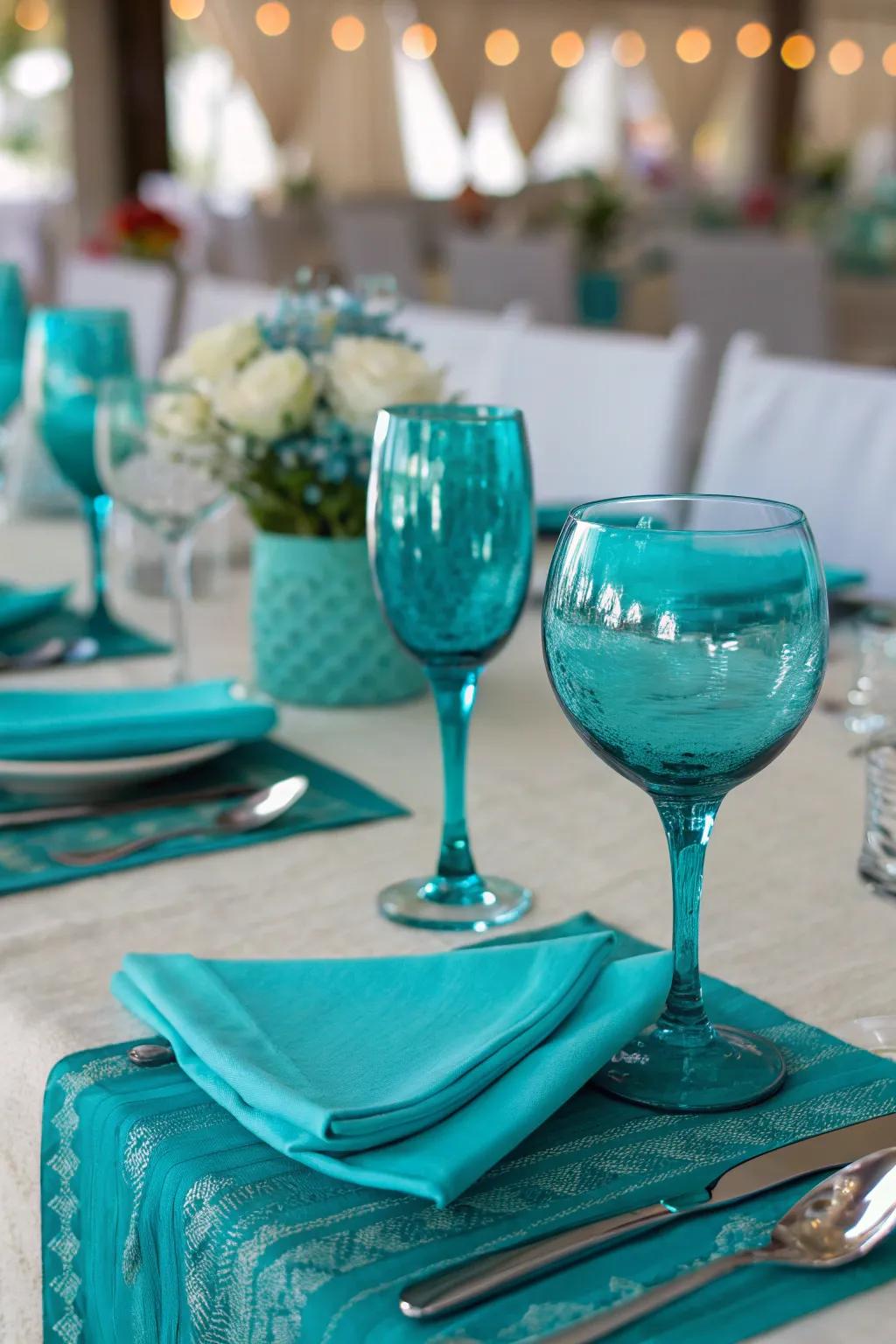 Azure-tinged glassware introduces understated elegance and allure.